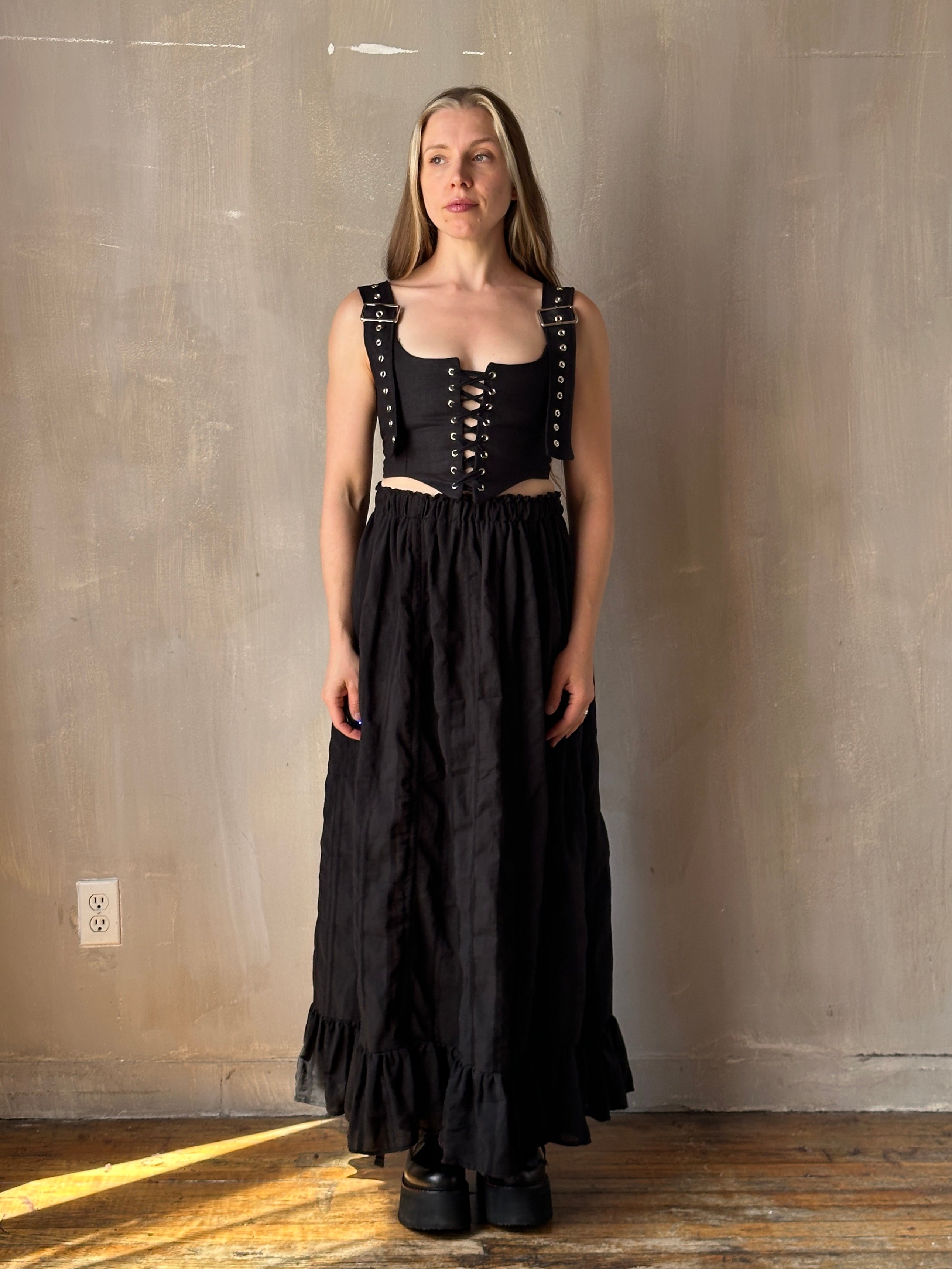 FW25: Drawstring Petticoat Skirt in Black Jacquard Stripe (Pre-Order)