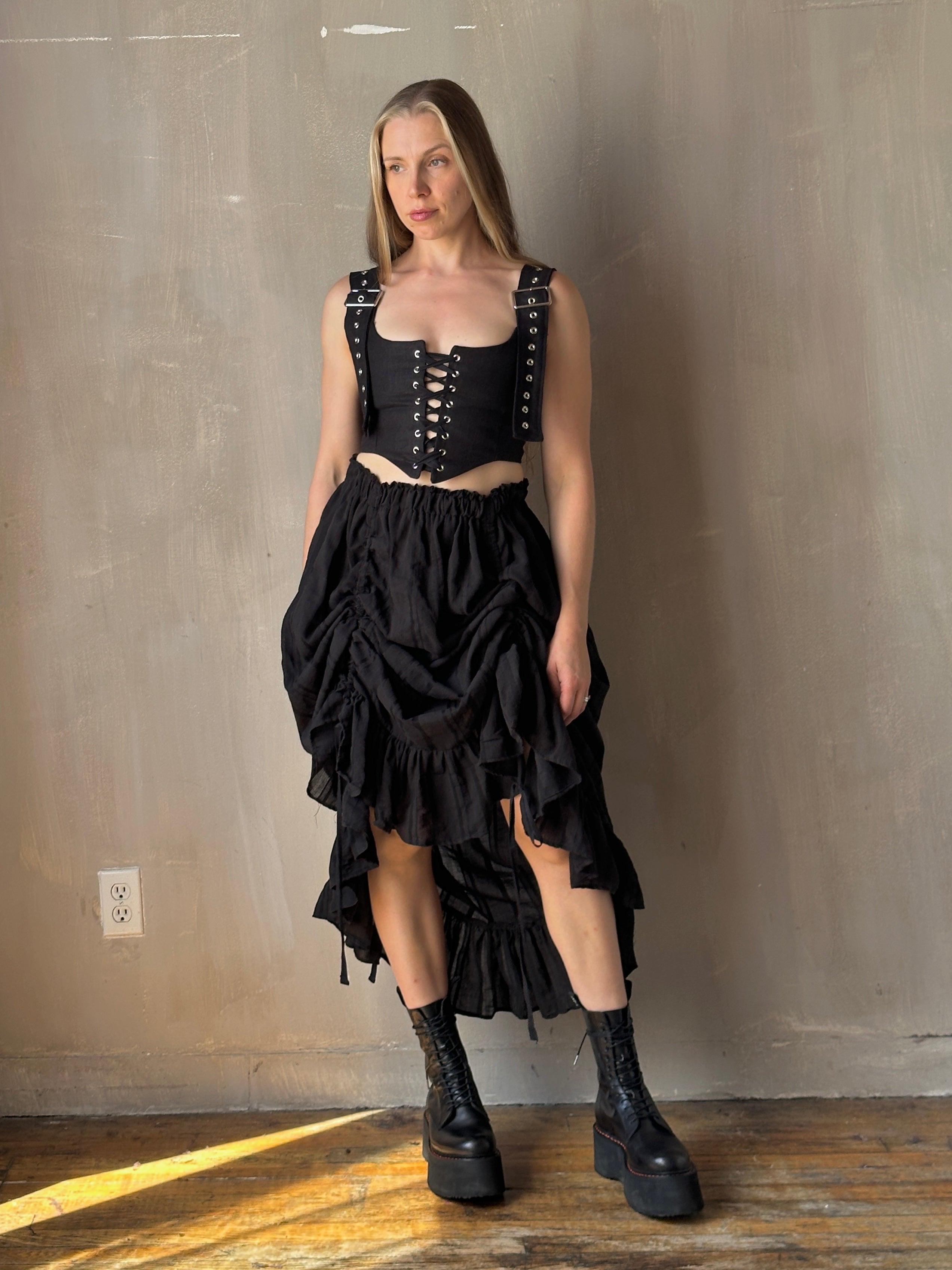 FW25: Drawstring Petticoat Skirt in Black Jacquard Stripe (Pre-Order)