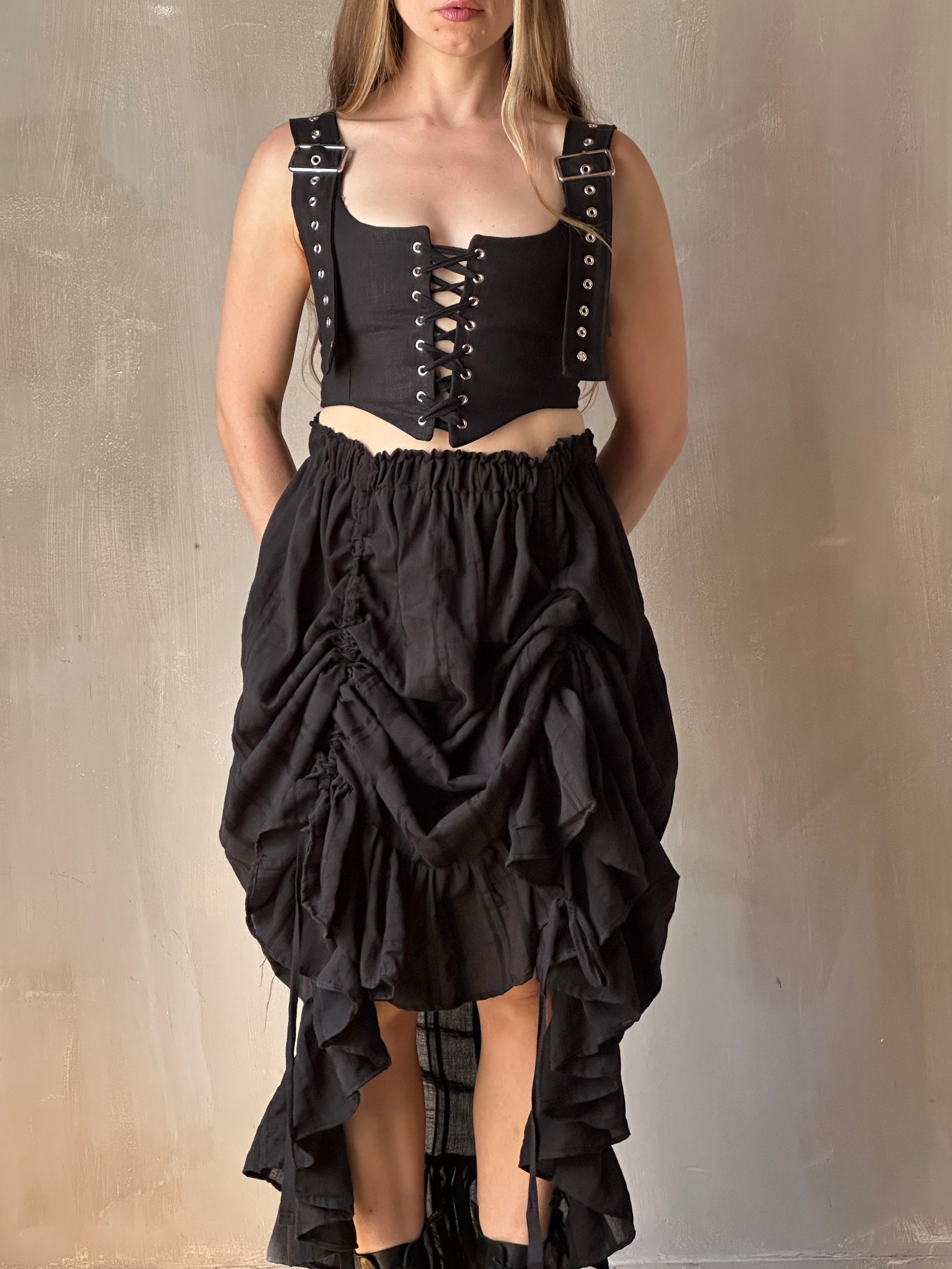 FW25: Drawstring Petticoat Skirt in Black Jacquard Stripe (Pre-Order)