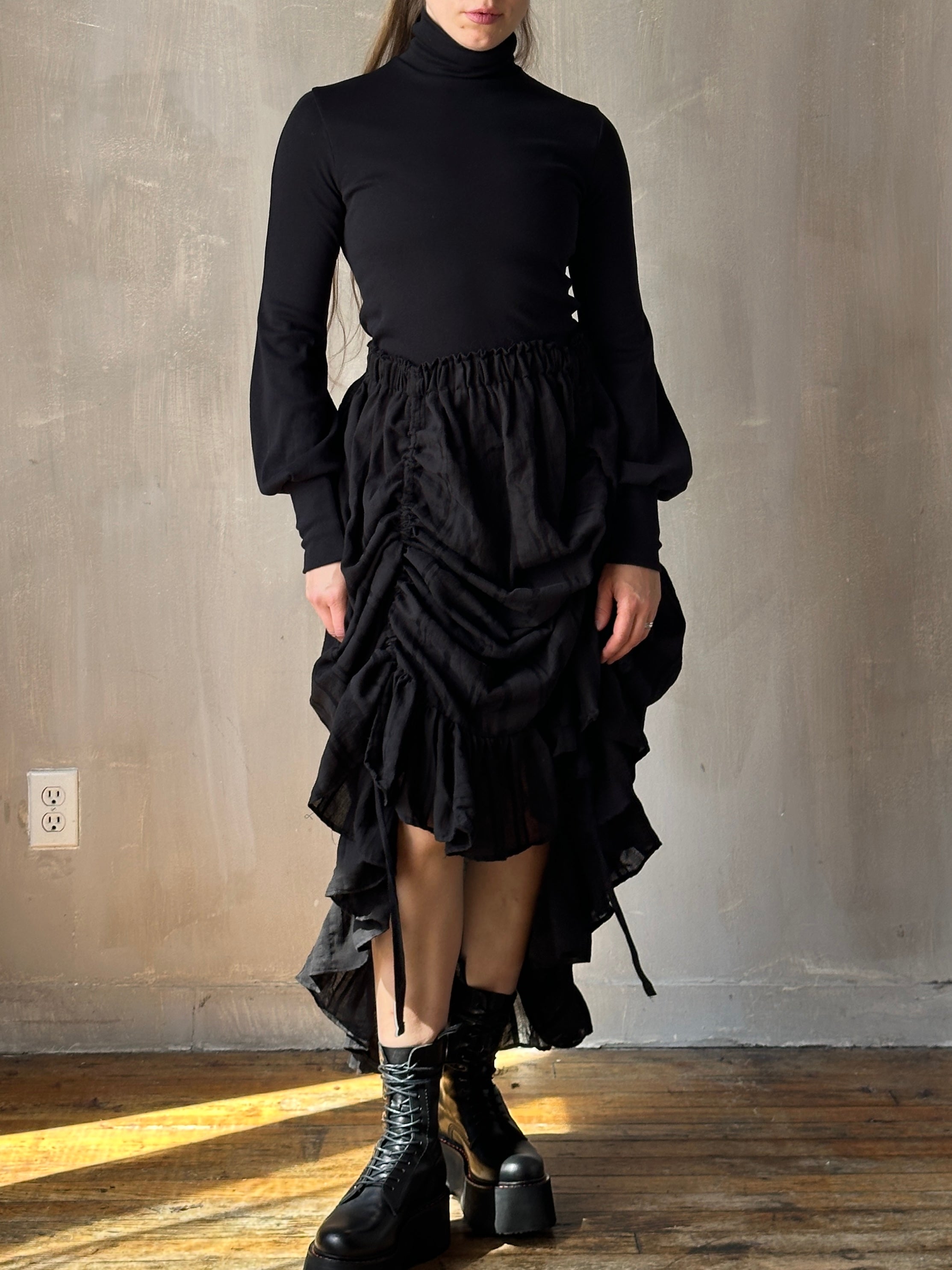 FW25: Drawstring Petticoat Skirt in Black Jacquard Stripe (Pre-Order)