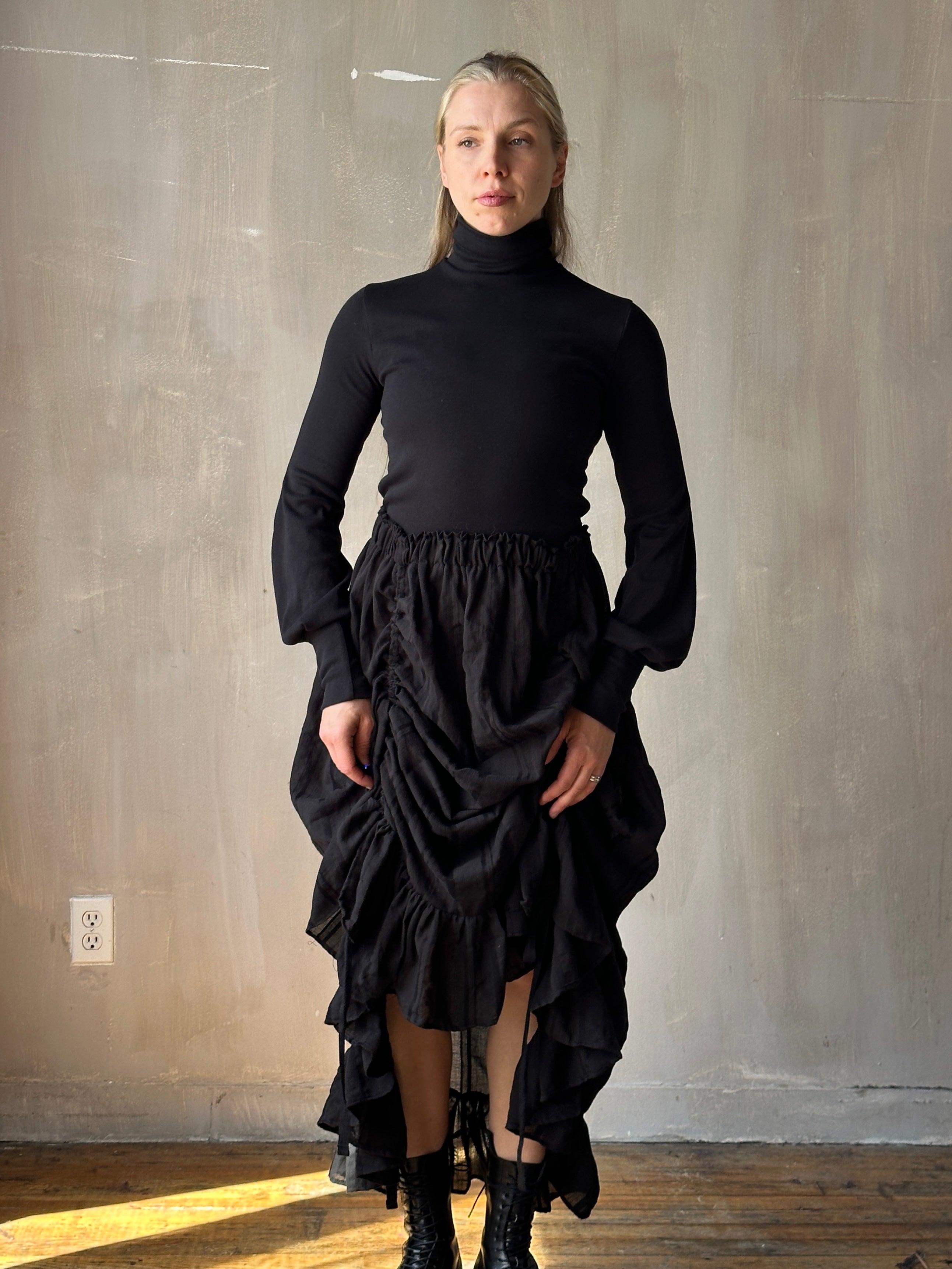 FW25: Drawstring Petticoat Skirt in Black Jacquard Stripe (Pre-Order)