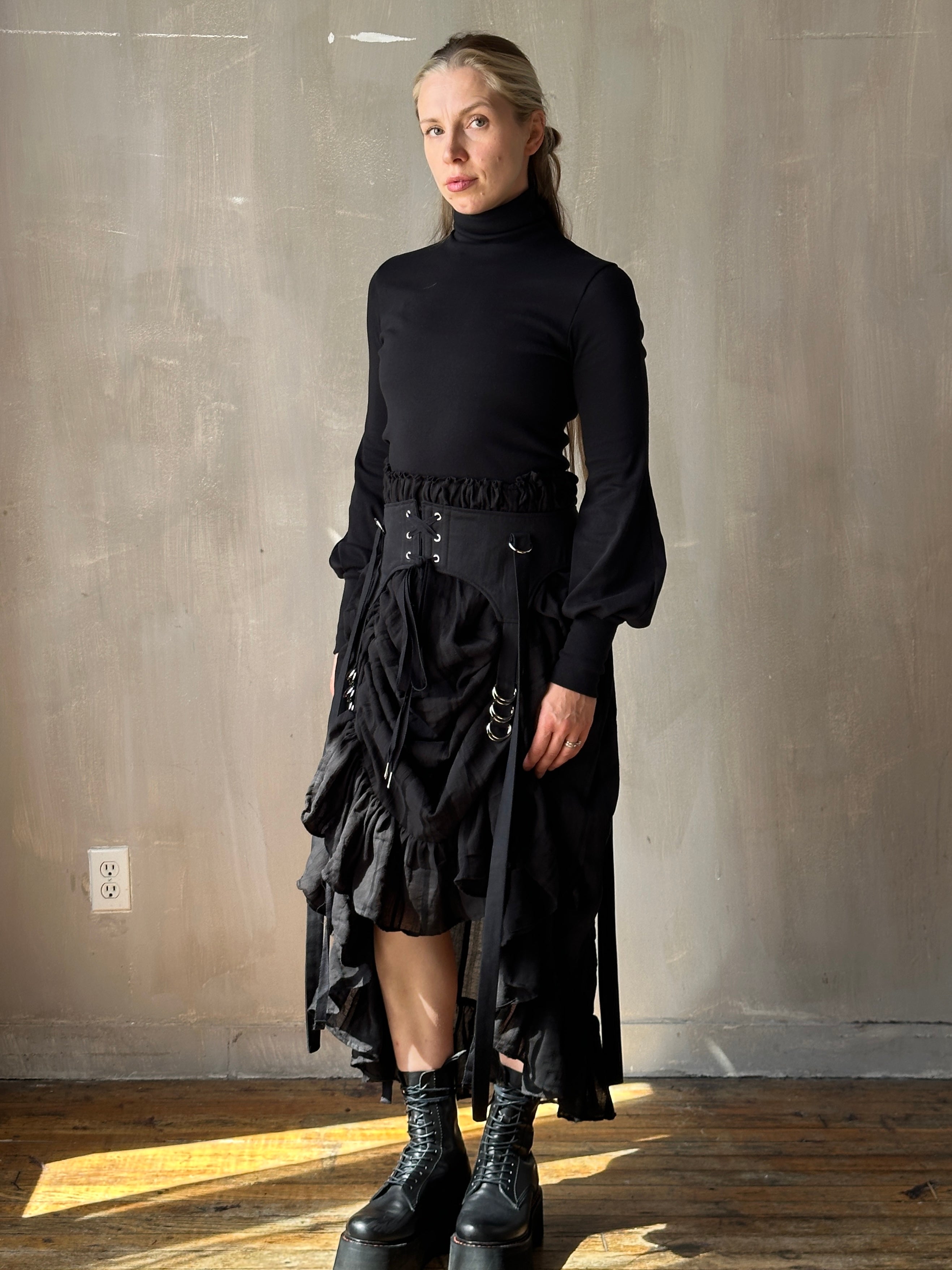 FW25: Drawstring Petticoat Skirt in Black Jacquard Stripe (Pre-Order)