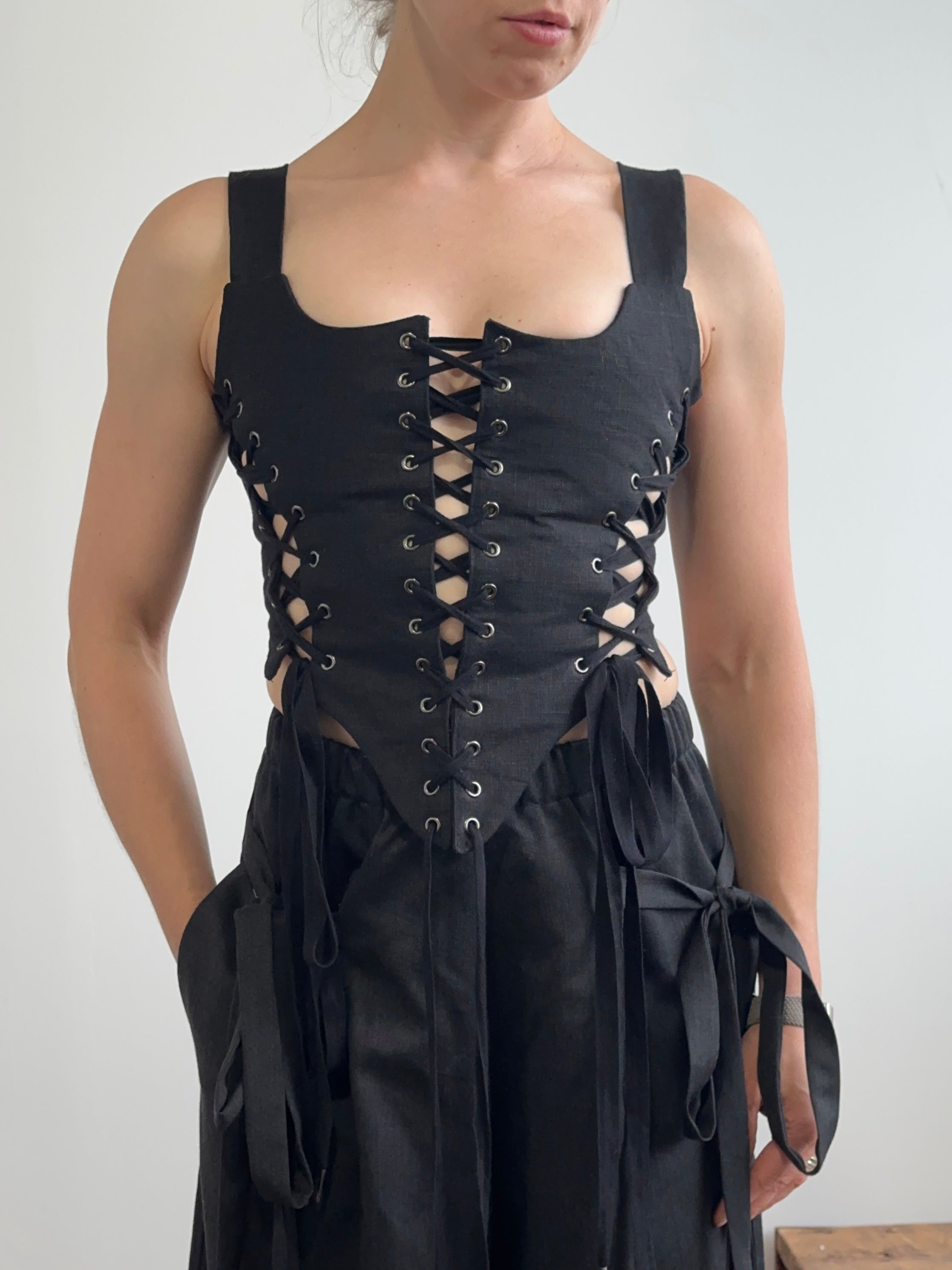 Sample Sale: Triple-Laced Corset in Black Linen (Size II)
