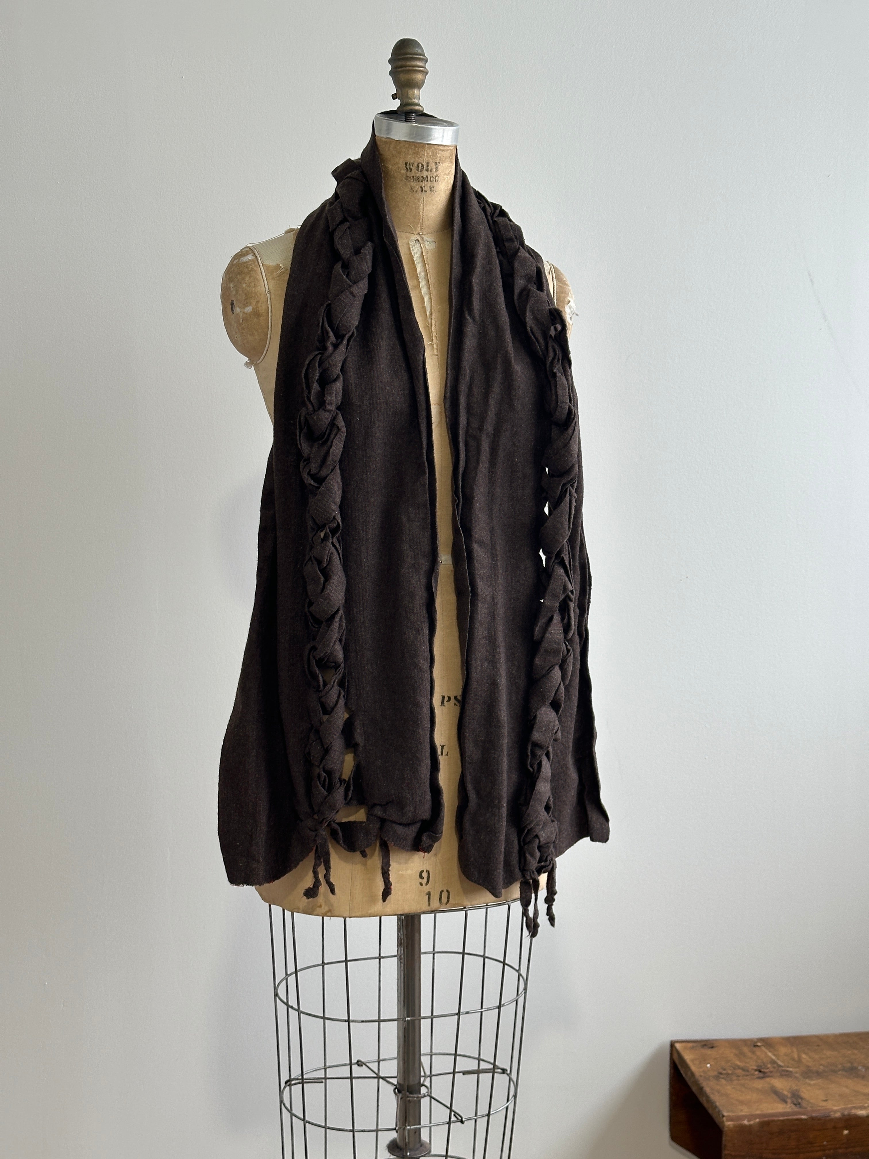 Sample Sale: 3D Plaited Wool Shawl in Cool Brown Stripe (One Size)