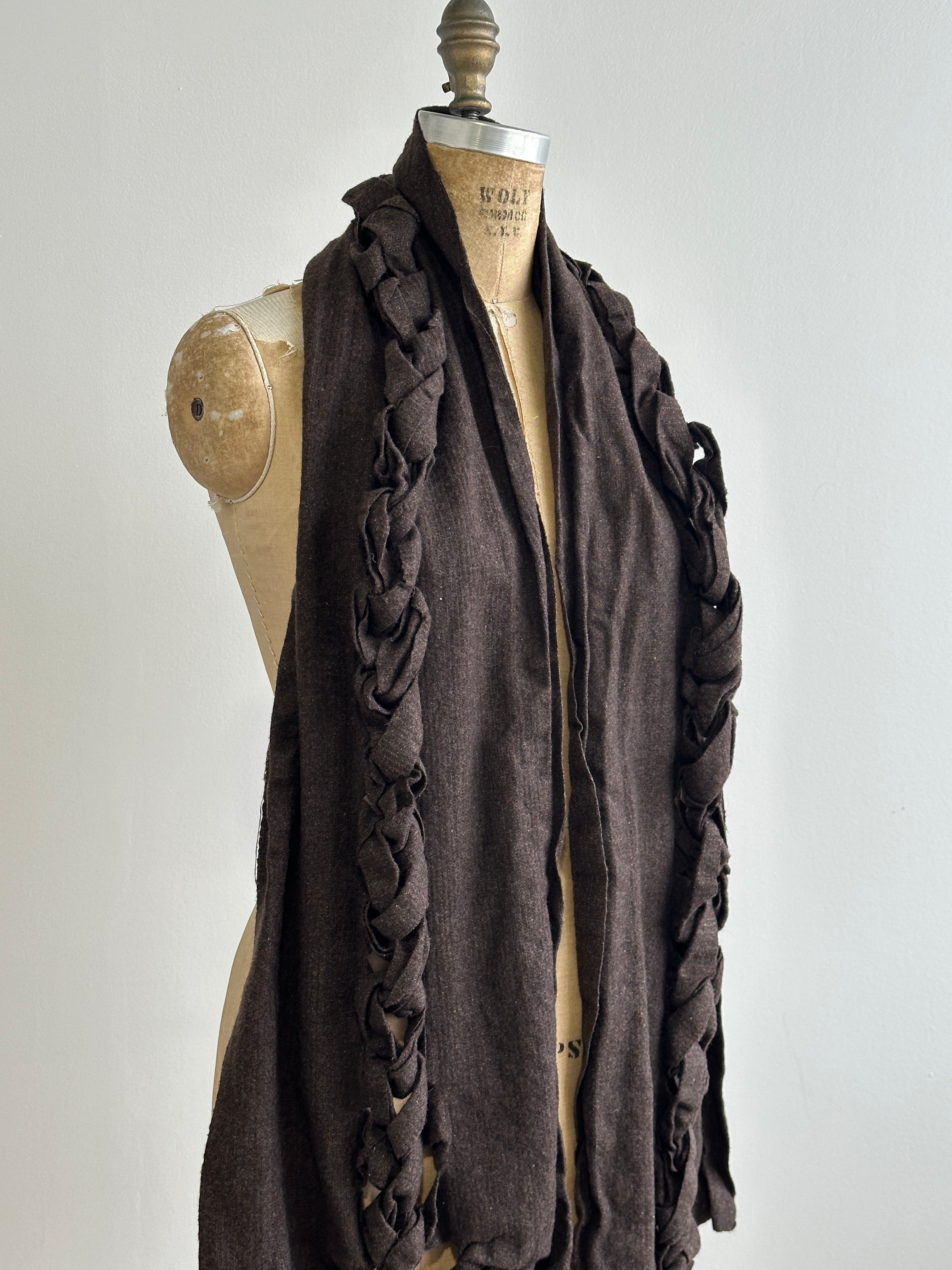 Sample Sale: 3D Plaited Wool Shawl in Cool Brown Stripe (One Size)