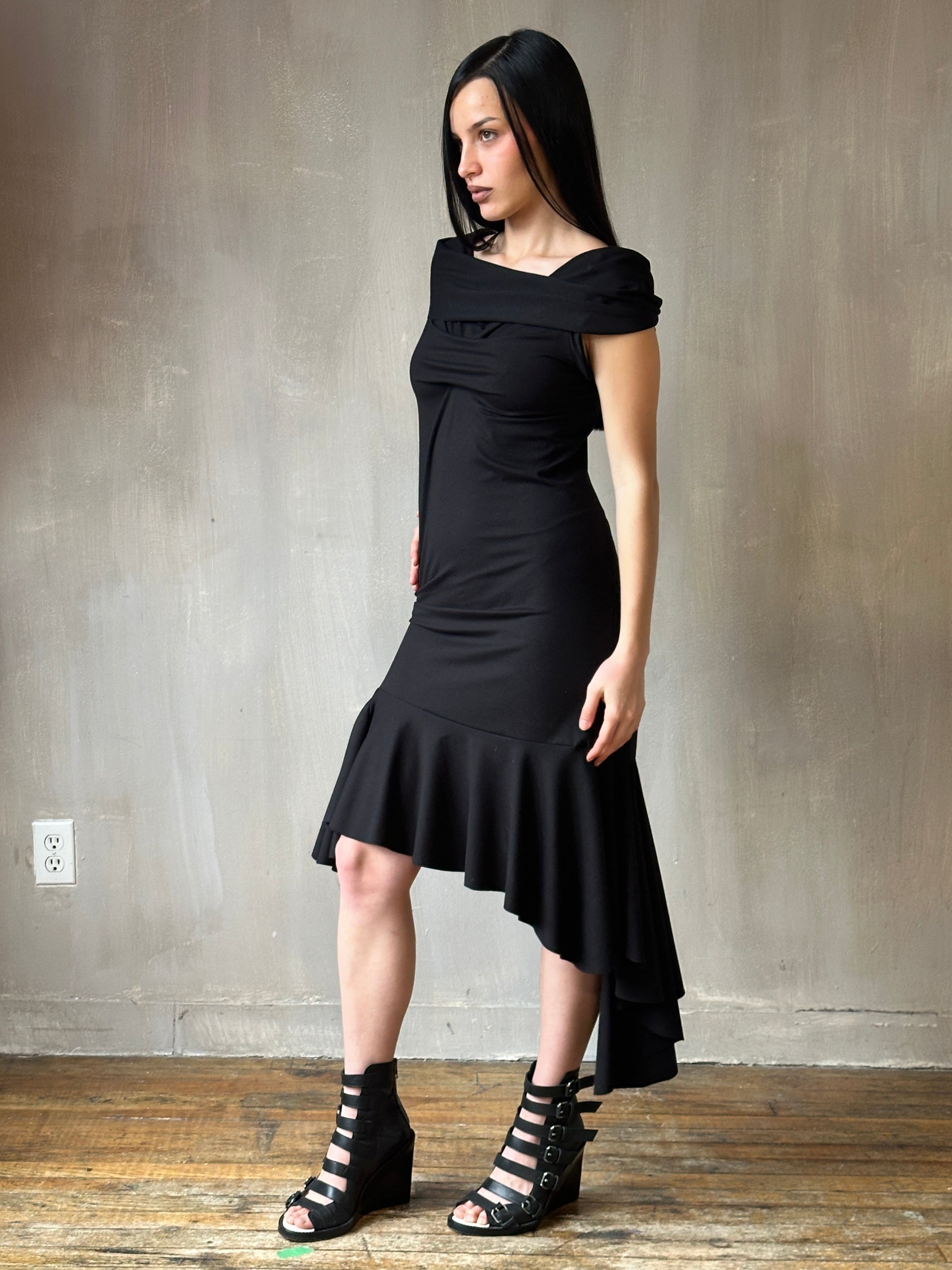 Spring '25: Jersey Draped Cap Sleeve Dress in Black (Pre-Order)