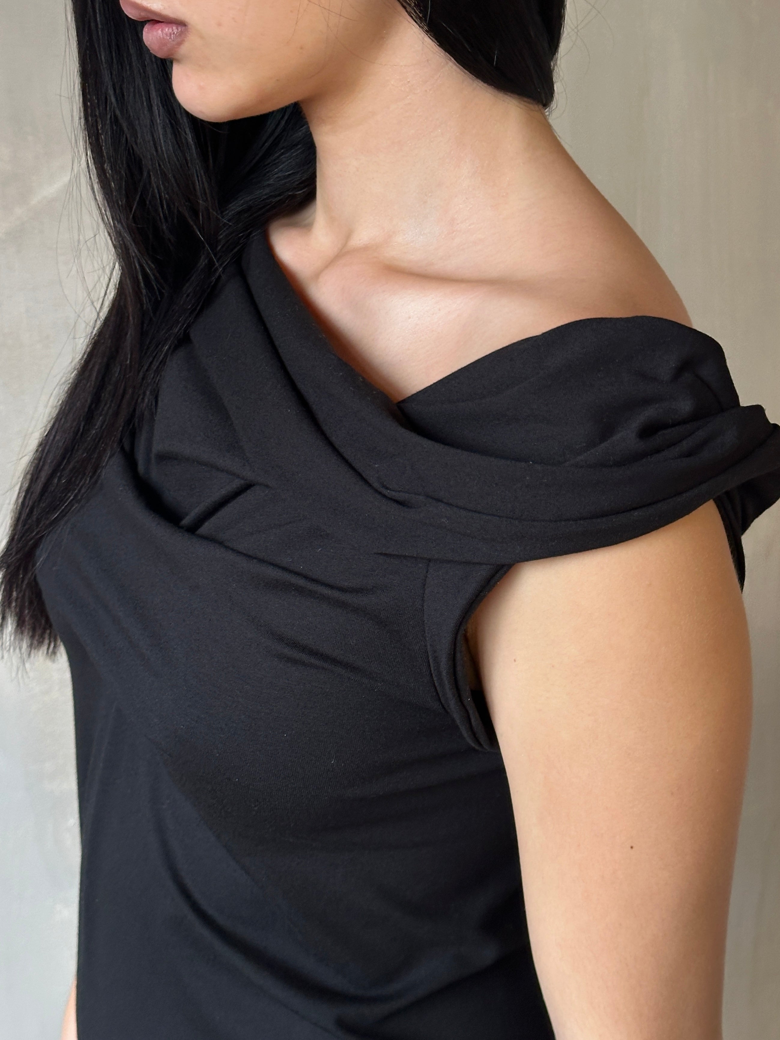 Jersey Draped Cap Sleeve Dress in Black * (In Stock) Jersey Draped Cap Sleeve Dress in Black * (In Stock)