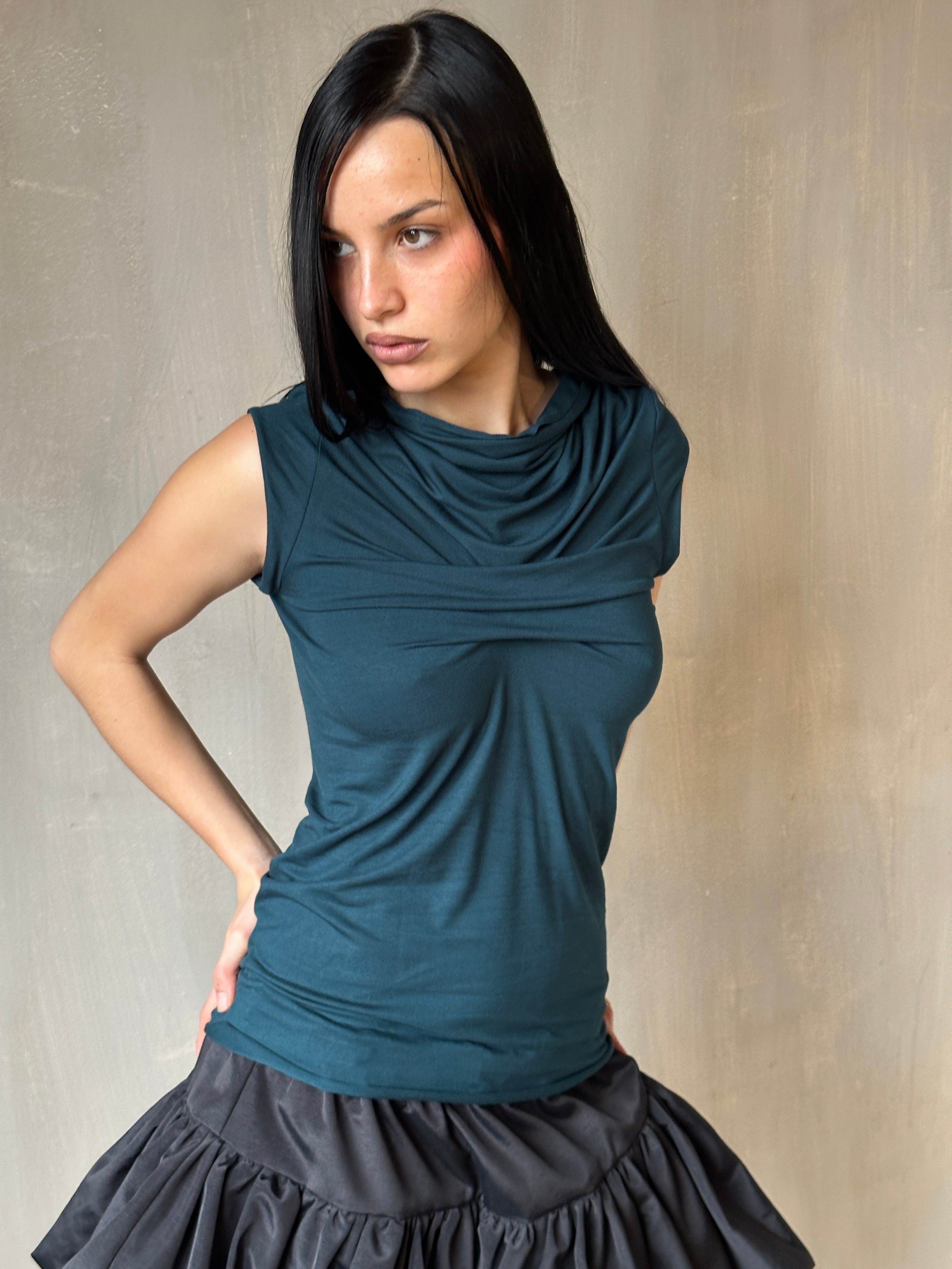 Spring '25: Jersey Draped Cap Sleeve Top in Teal Bamboo (Pre-Order)