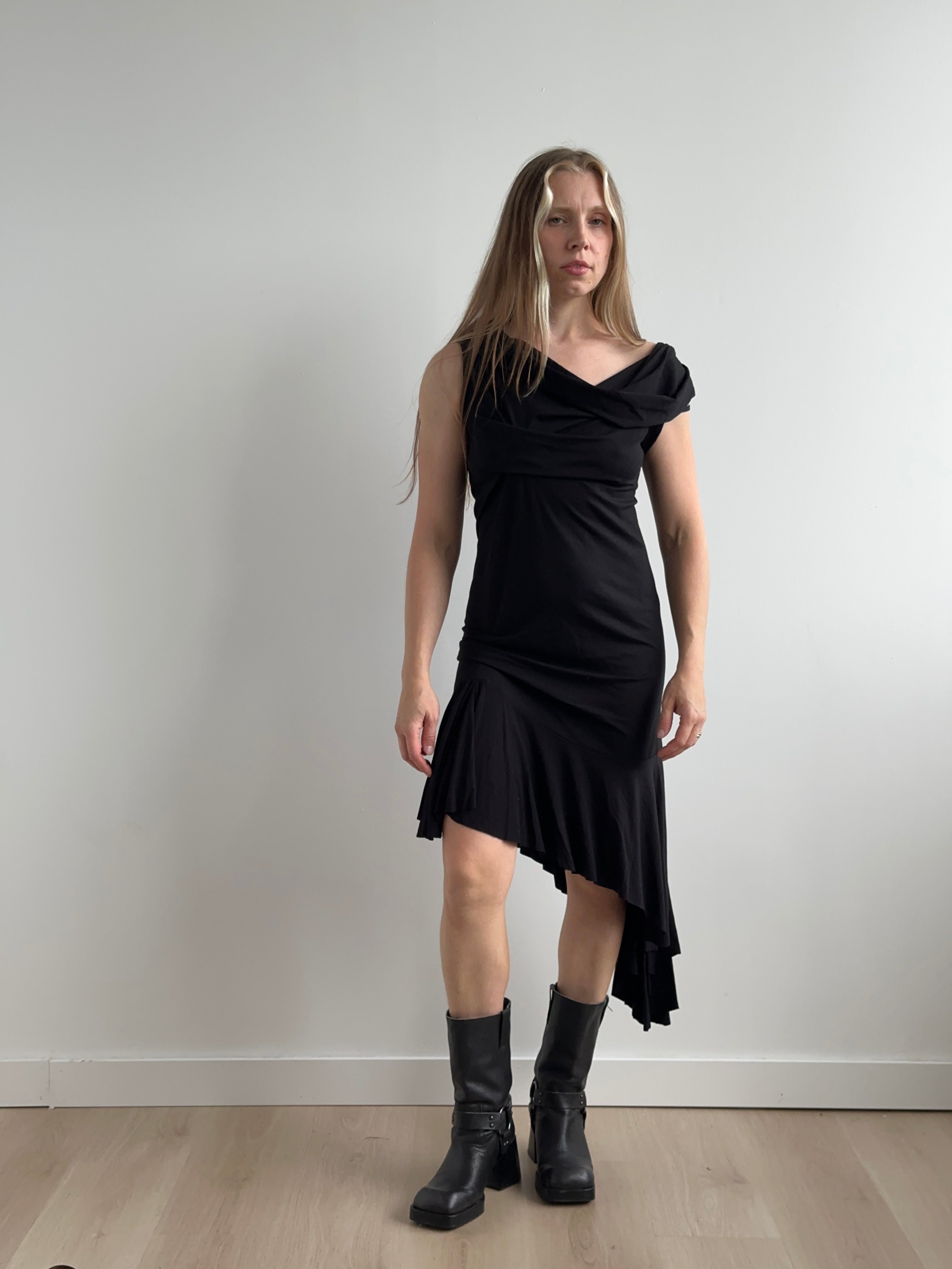 Sample Sale: Jersey Draped Cap Sleeve Dress in Black - (Size I & II)