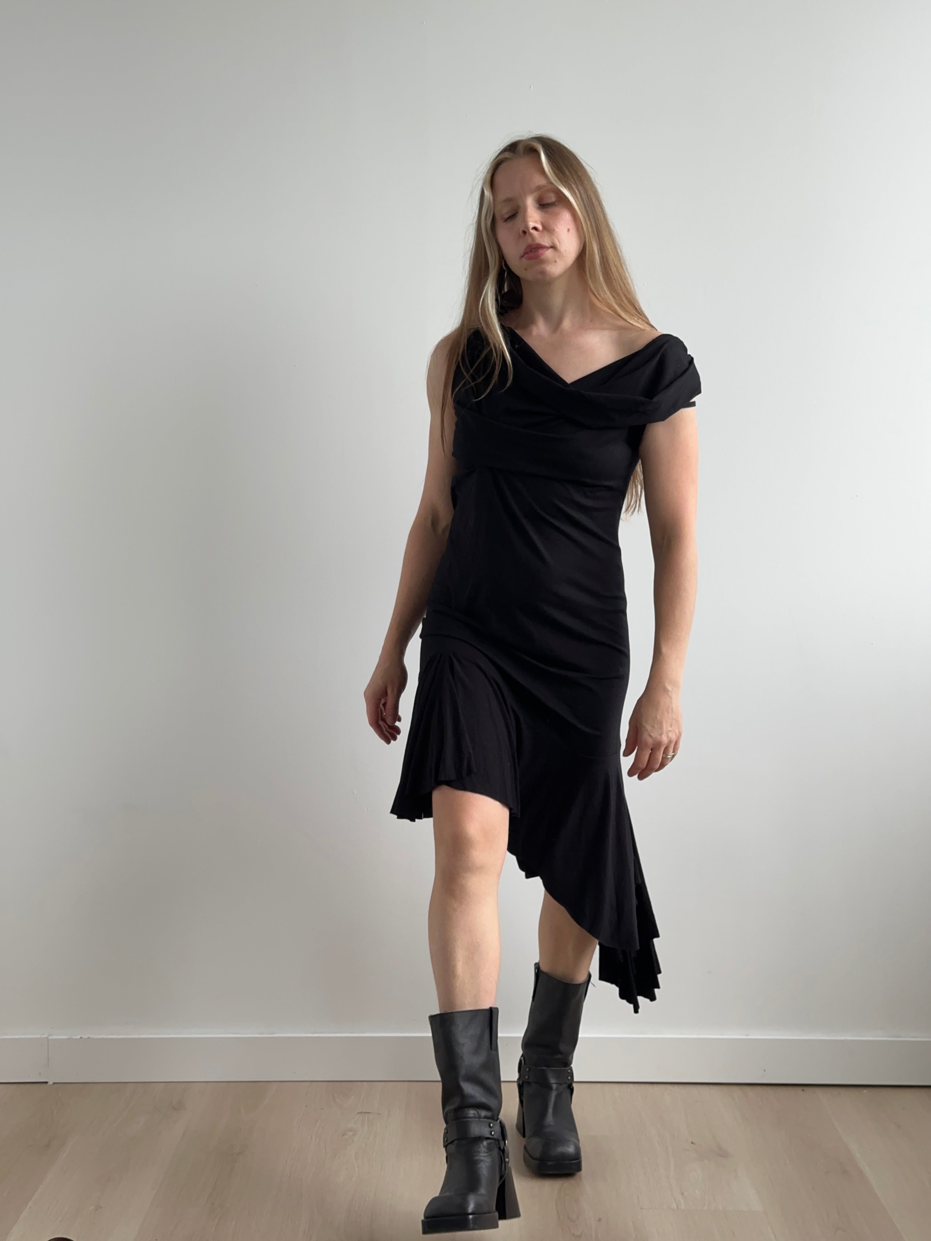 Sample Sale: Jersey Draped Cap Sleeve Dress in Black - (Size I & II)