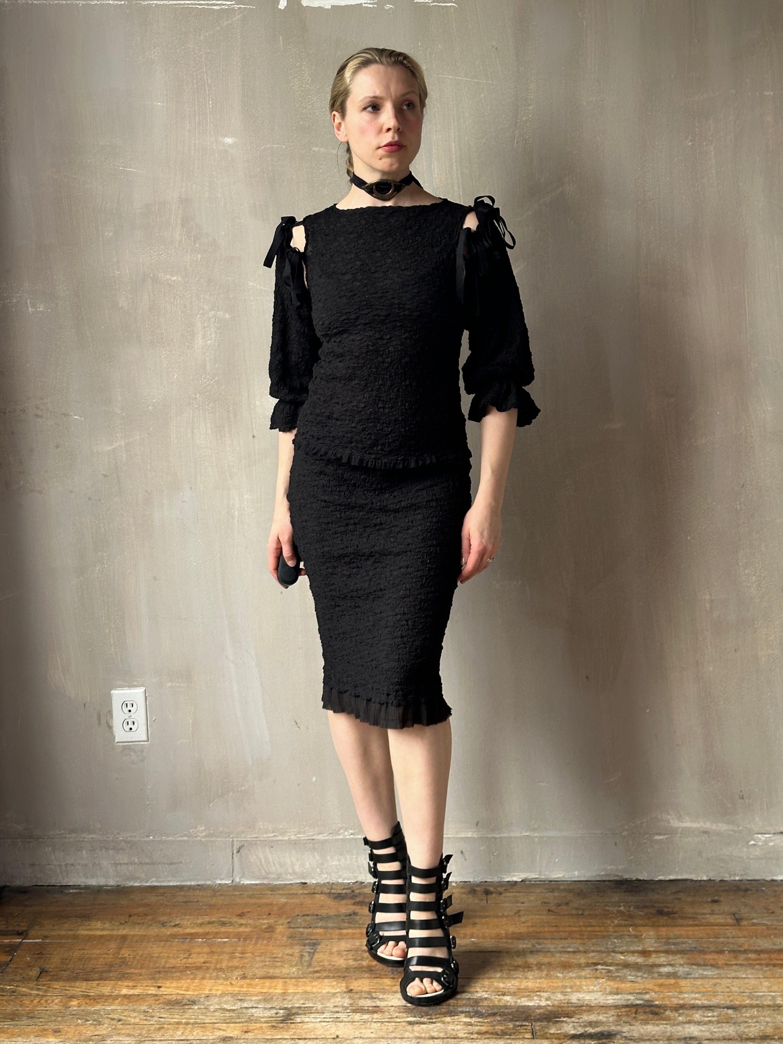 Spring'26: Detached Half Sleeve Top in Textured Black Cotton (Pre-Order)