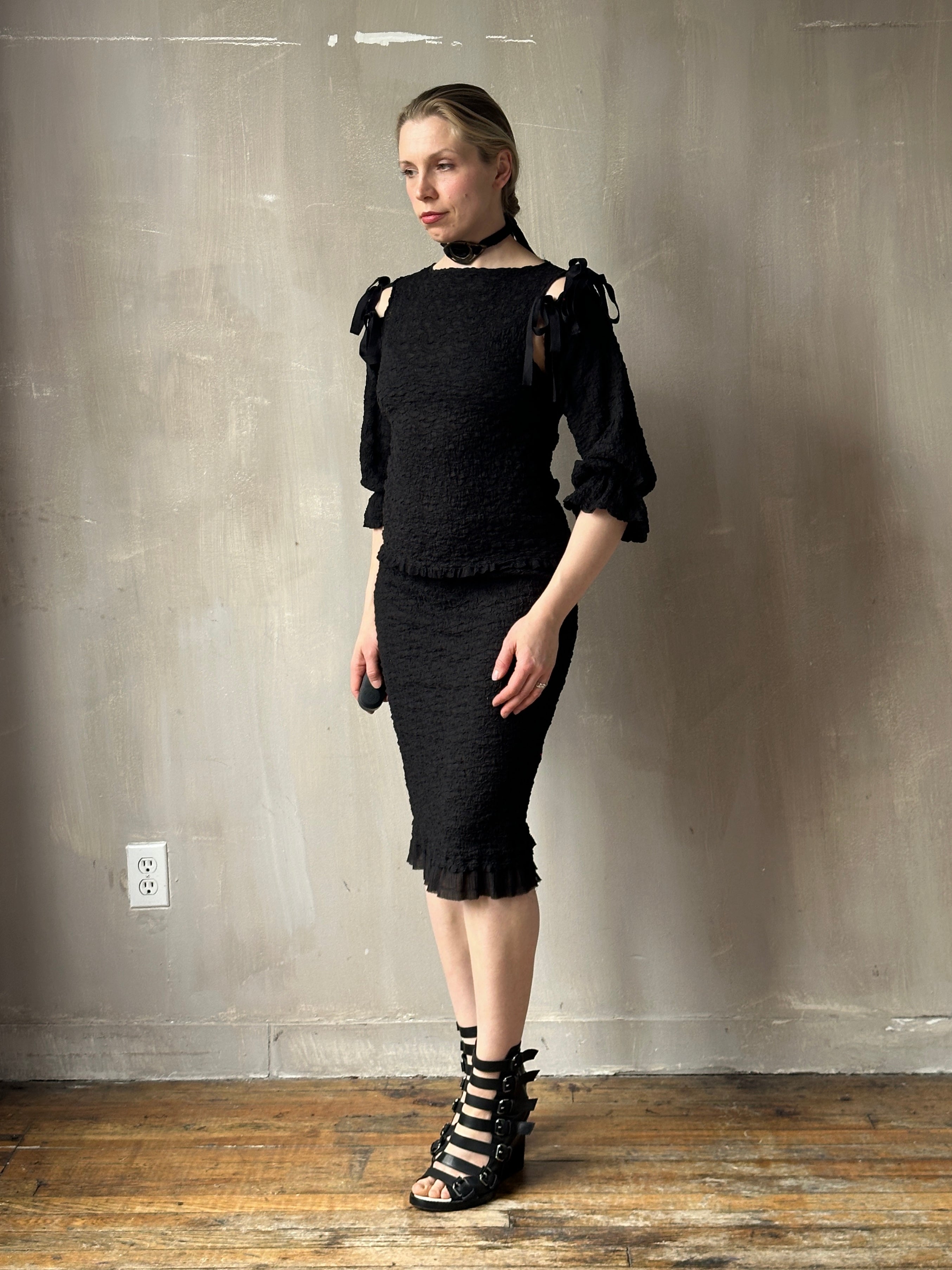 Spring'26: Detached Half Sleeve Top in Textured Black Cotton (Pre-Order)