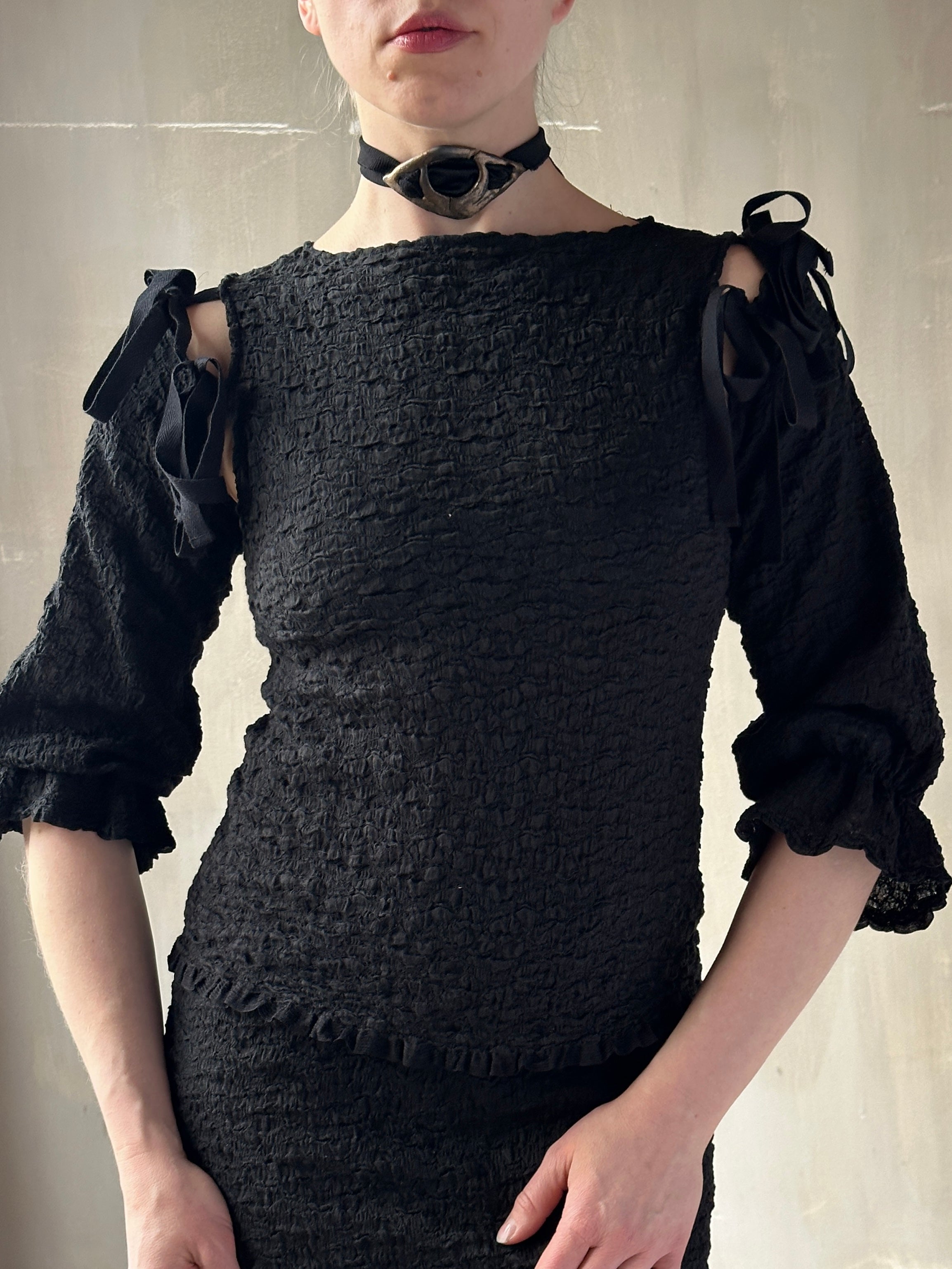 Spring'26: Detached Half Sleeve Top in Textured Black Cotton (Pre-Order)