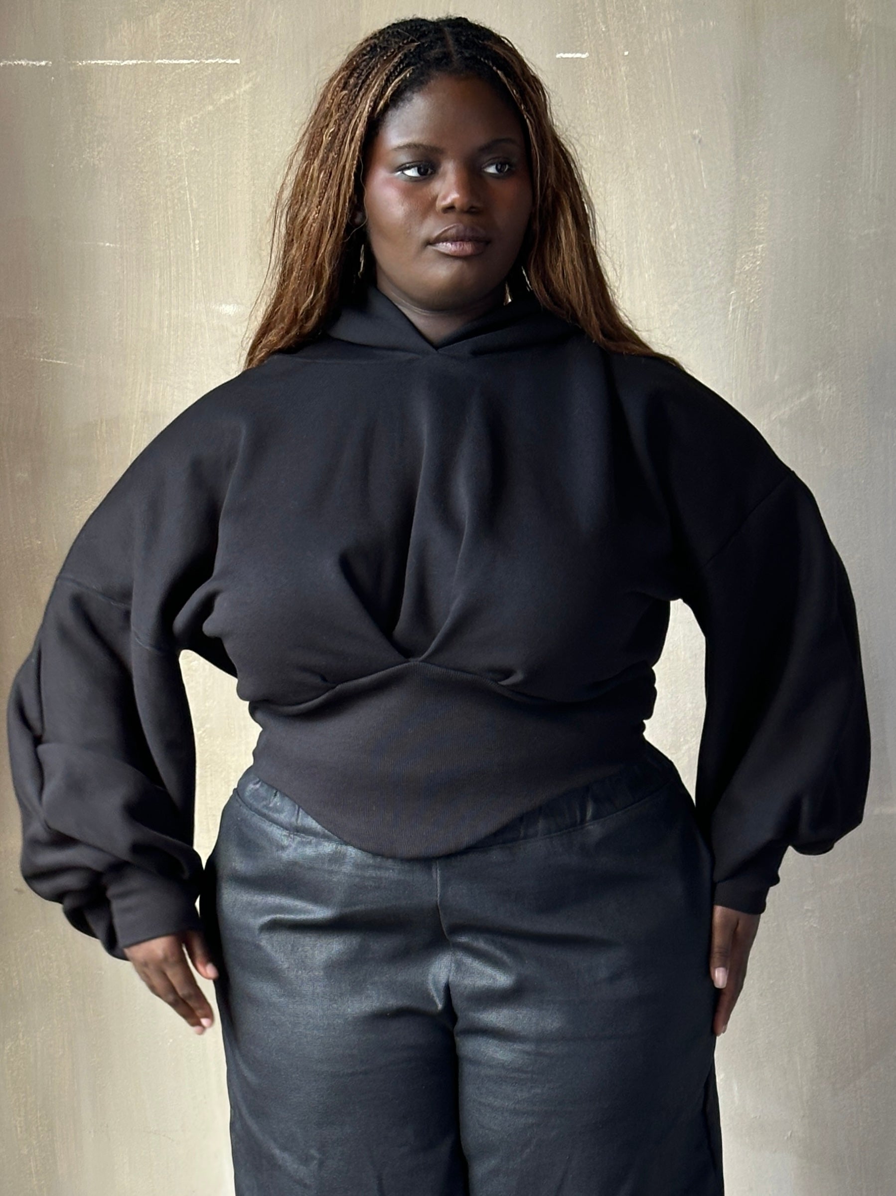 FW25: Corset Waist Hoodie in Black Organic Fleece (Pre-Order)