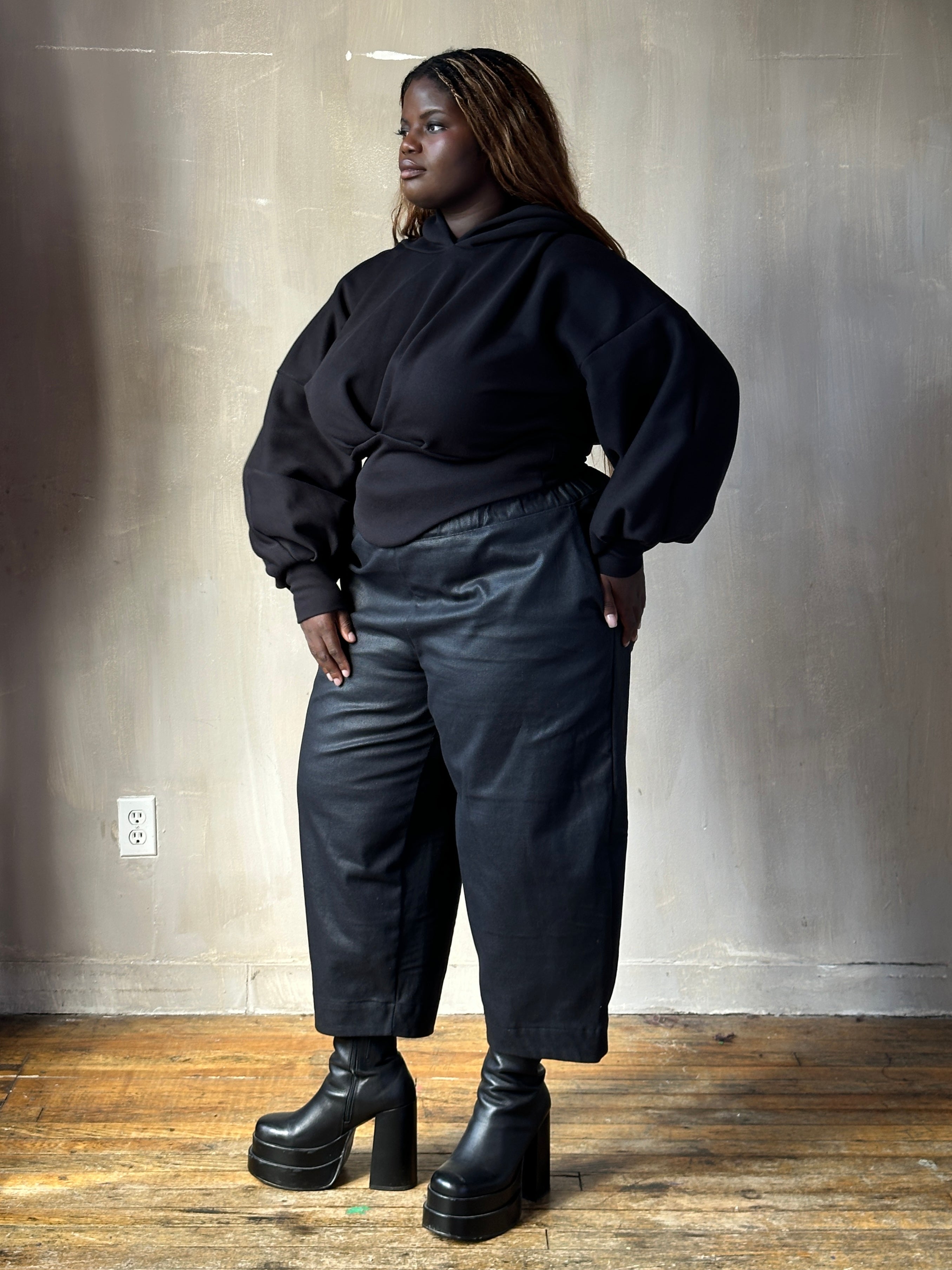 FW25: Double Waistband Barrel Trouser in Waxed Black (Pre-Order, Limited Edition)