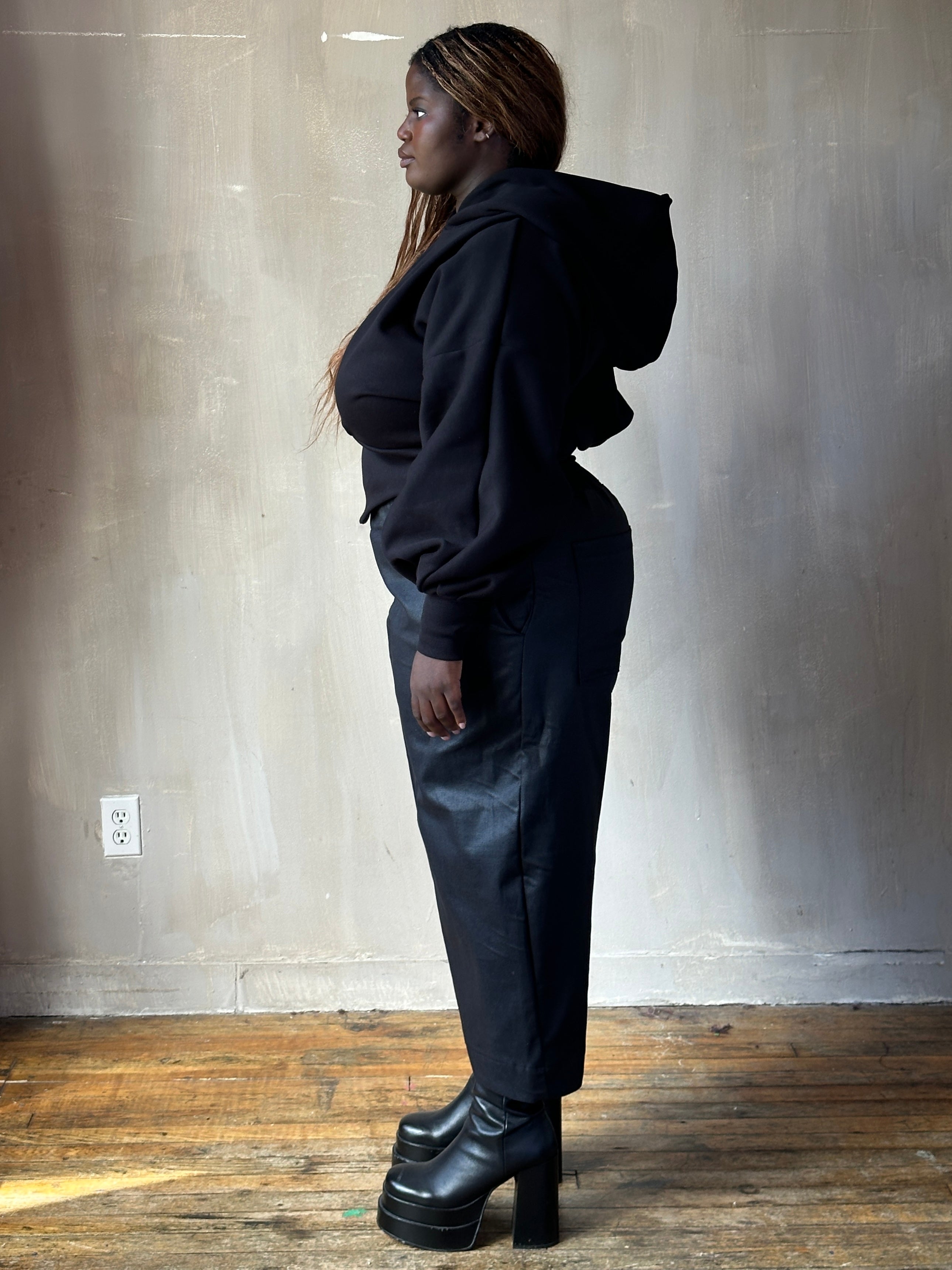 FW25: Corset Waist Hoodie in Black Organic Fleece (In-Stock)