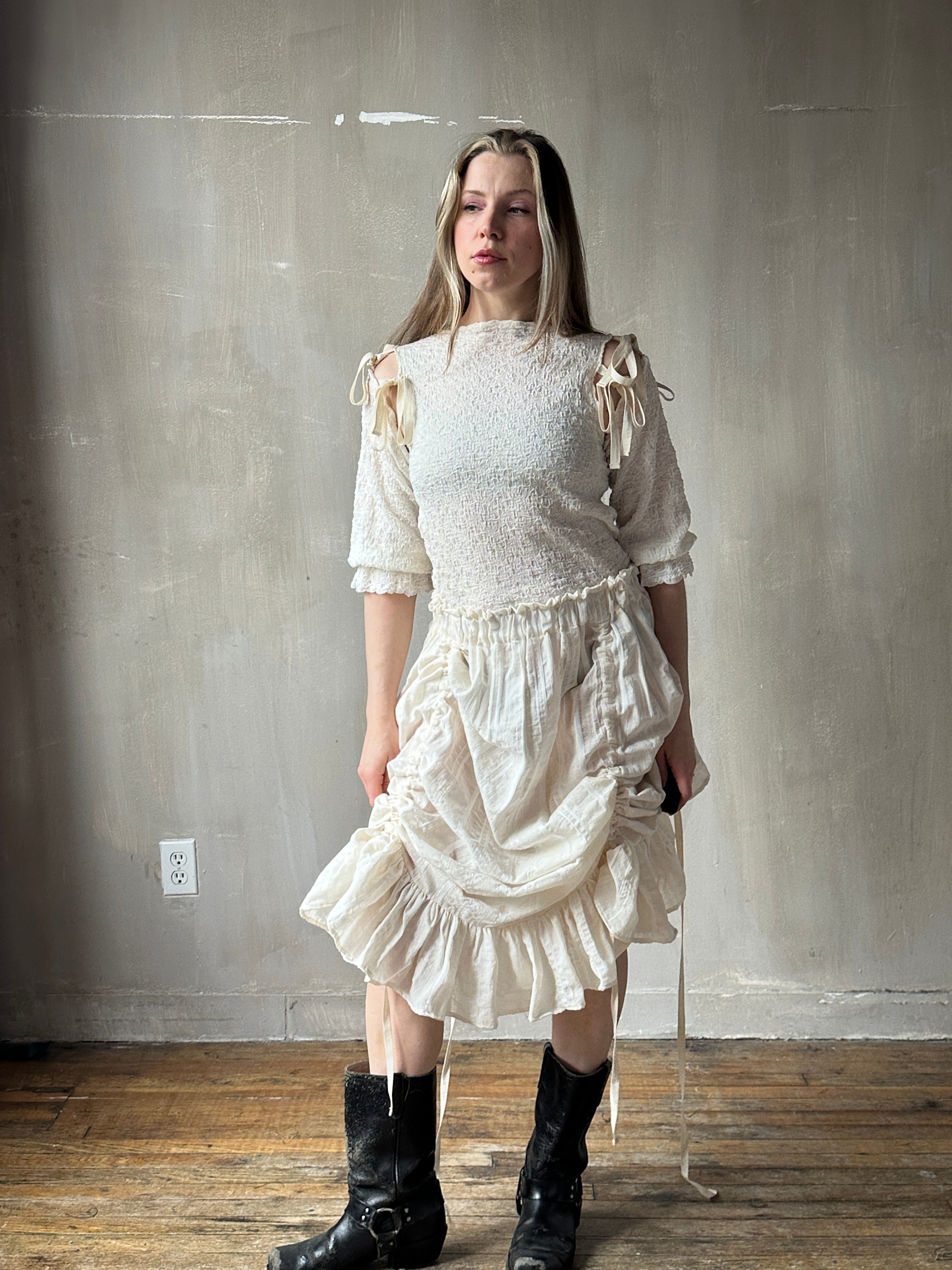 Spring'26: Drawstring Petticoat Skirt in Ivory Jacquard Stripe (In Stock)