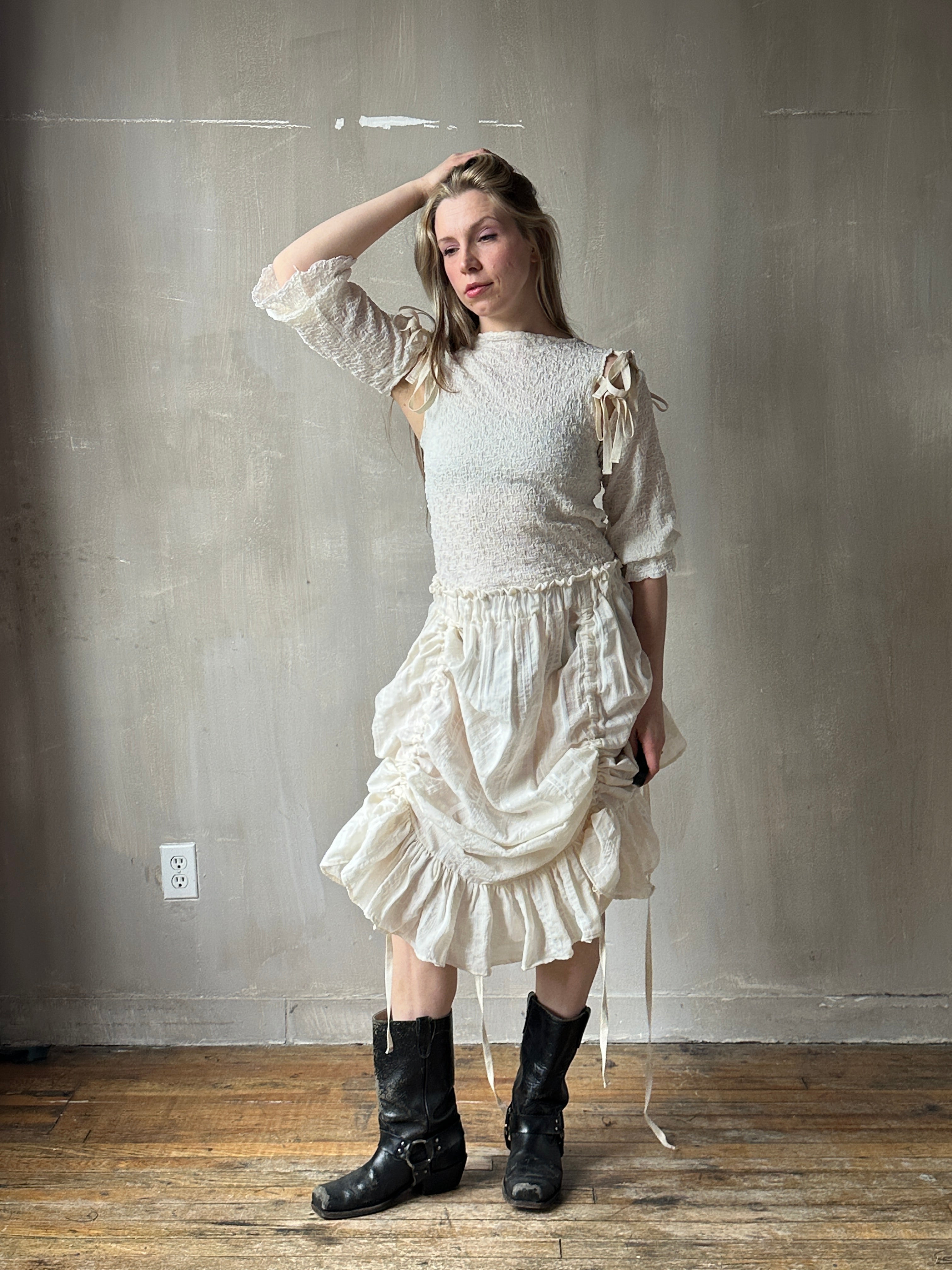 Spring'26: Drawstring Petticoat Skirt in Ivory Jacquard Stripe (In Stock)