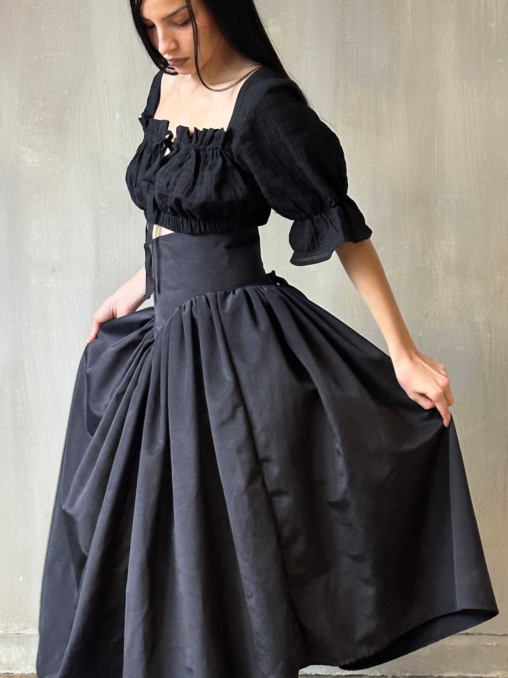 Spring '25: Extended Yoke Petticoat Skirt In Black Twill Taffeta (Pre-Order Limited Edition)