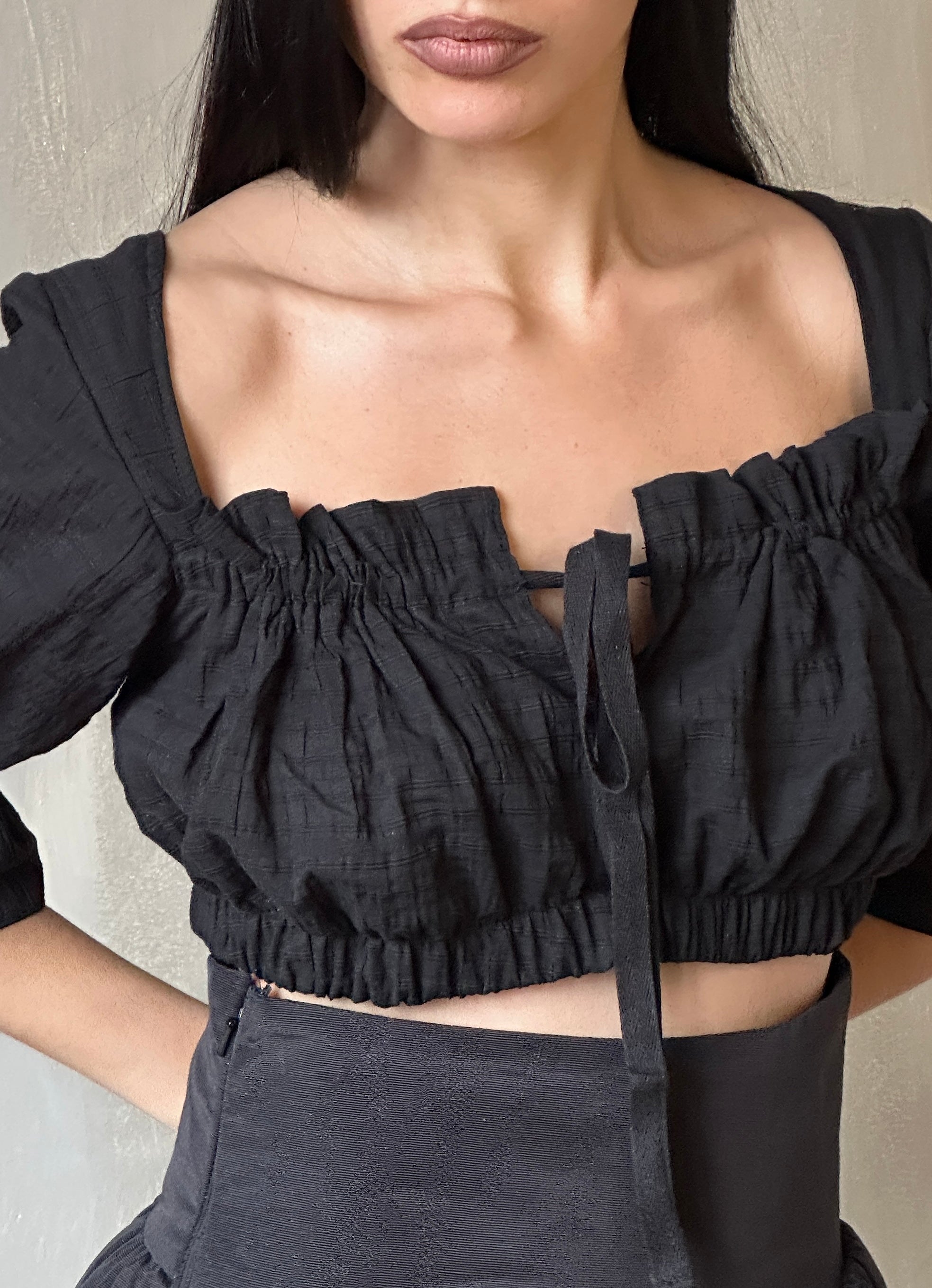 Spring '25: Cropped Dirndl Top in Black Cotton (Pre-Order)