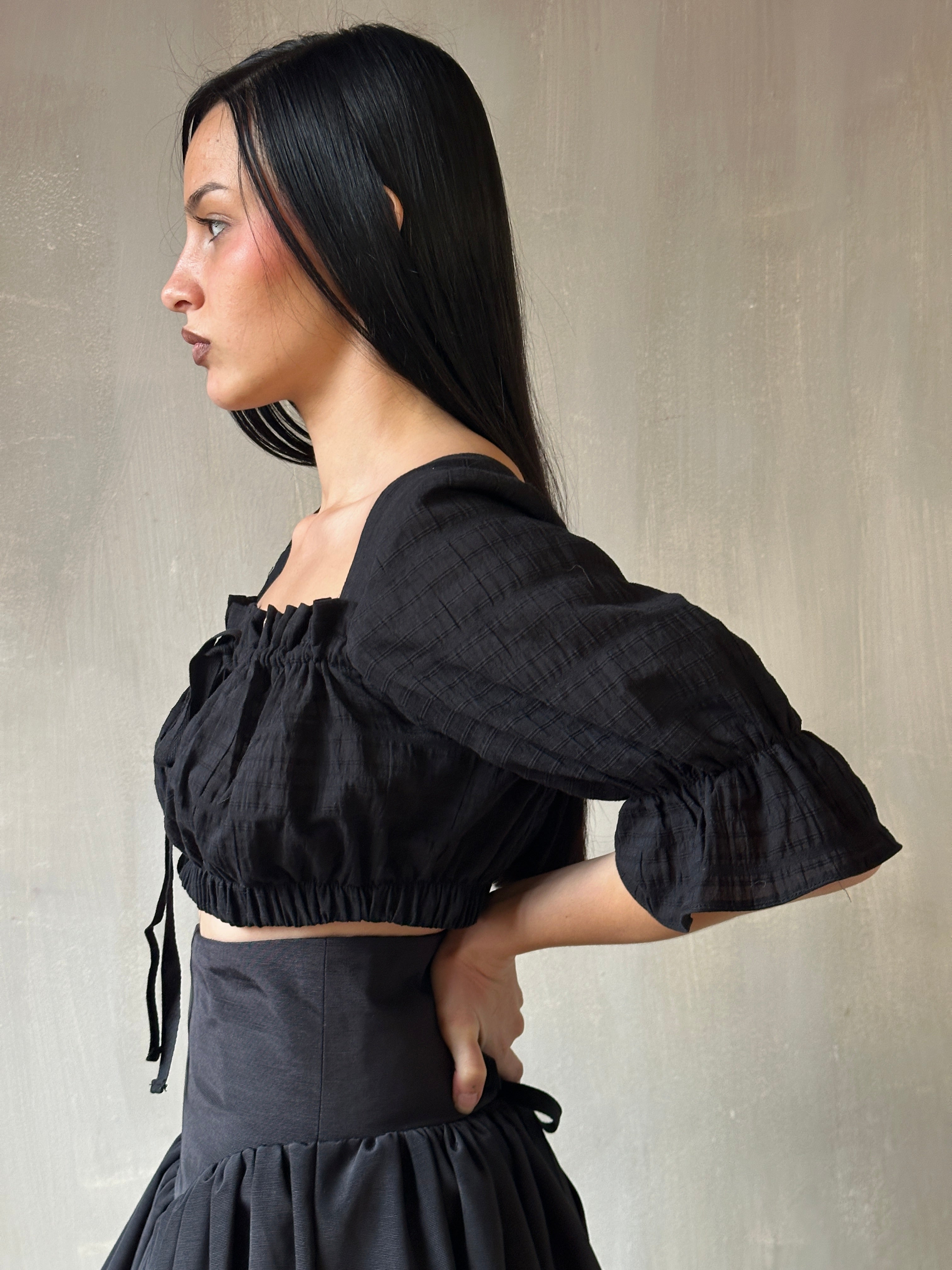 Spring '25: Cropped Dirndl Top in Black Cotton (Pre-Order)