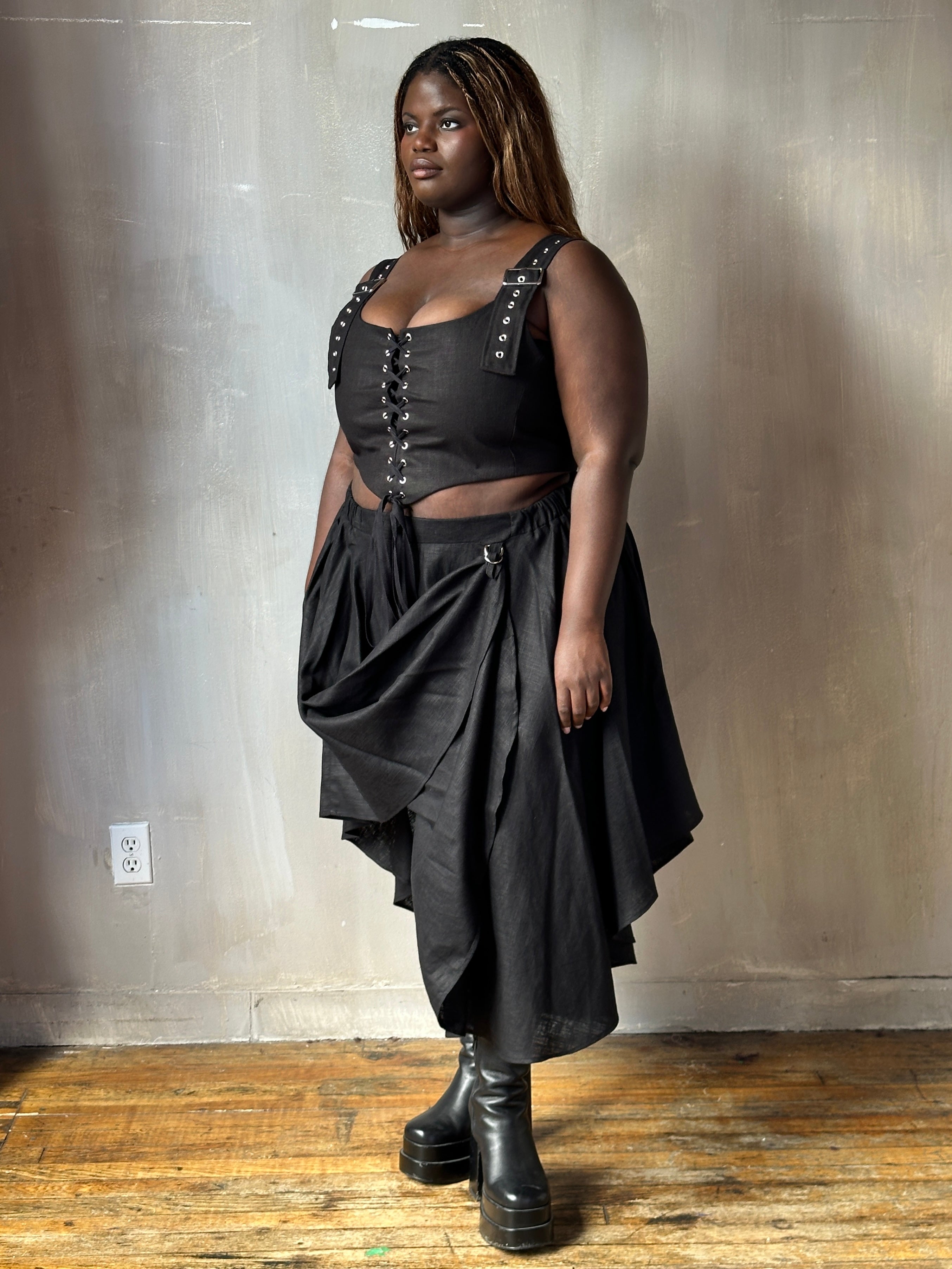 FW25: Pastorale Skirt w/Adjustable Hem in Black Linen (Pre-Order)