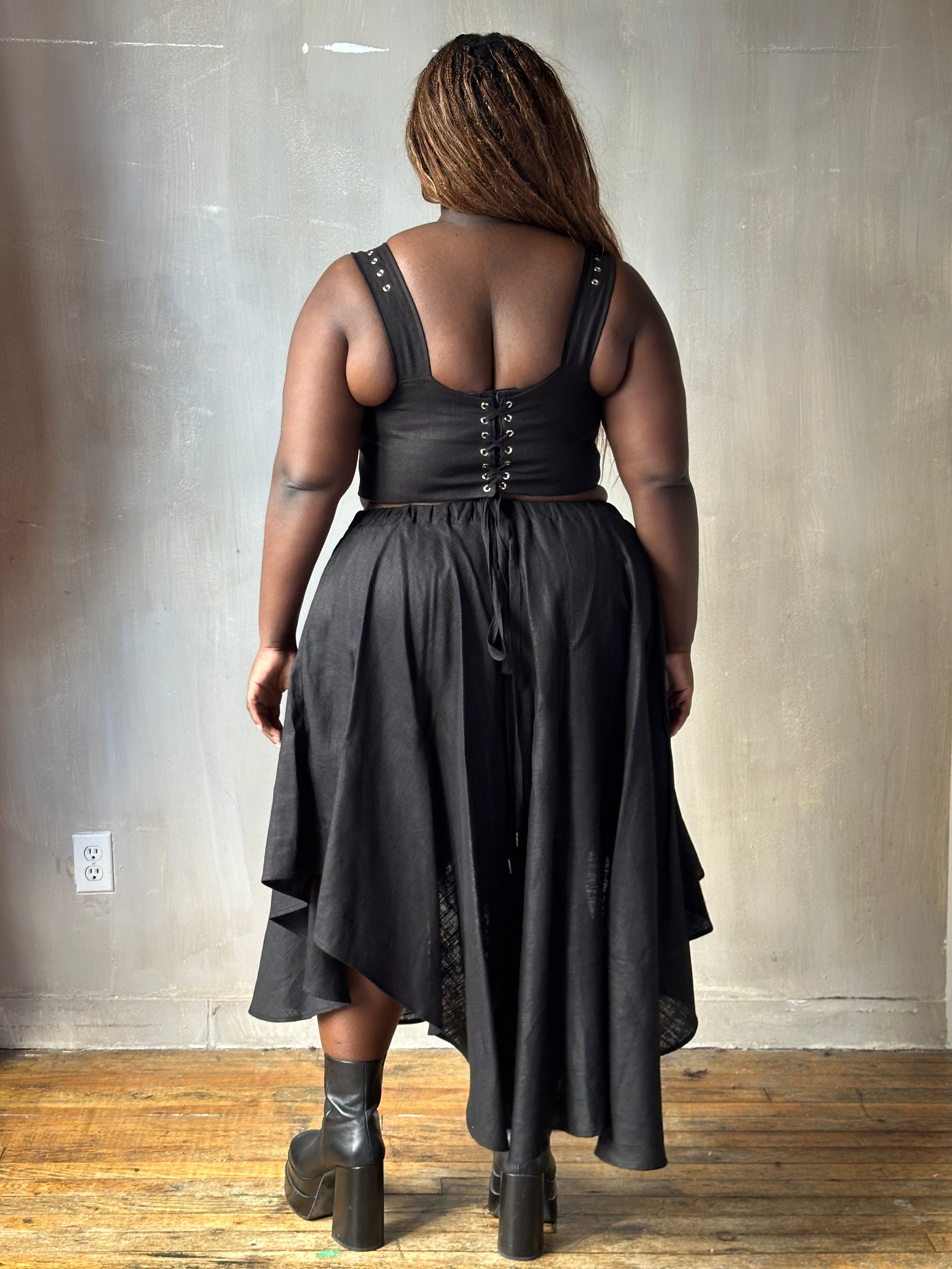 FW25: Pastorale Skirt w/Adjustable Hem in Black Linen (Pre-Order)