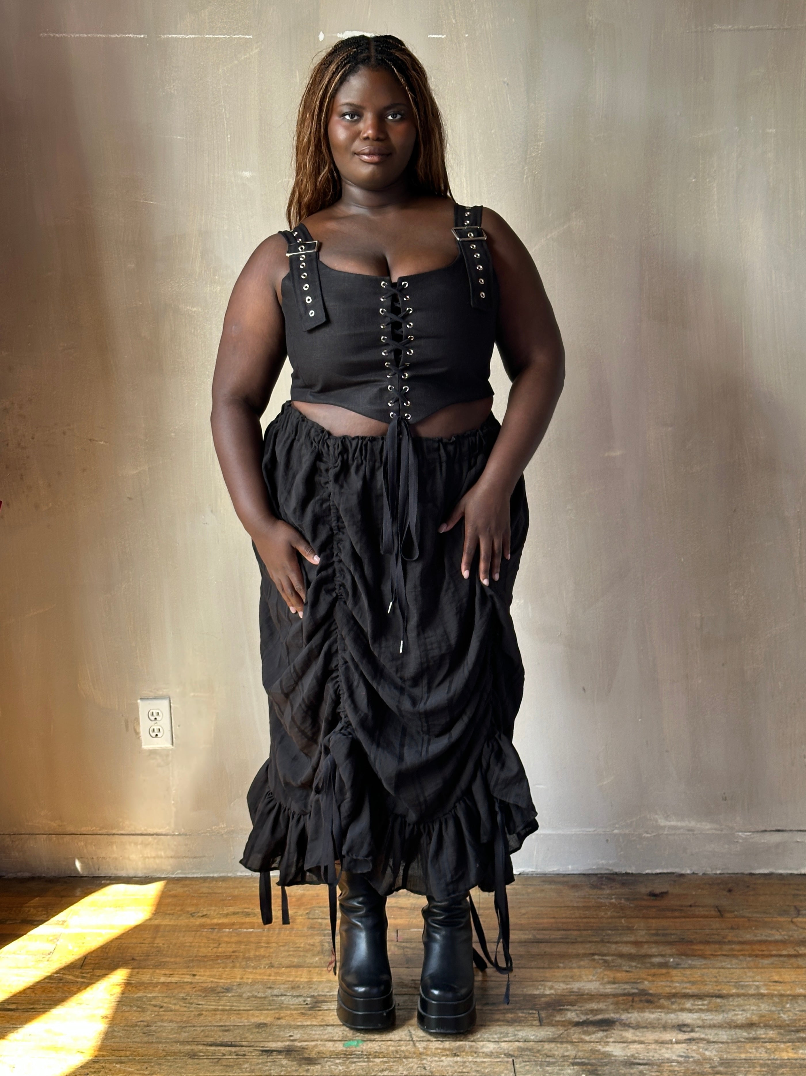 FW25: Drawstring Petticoat Skirt in Black Jacquard Stripe (Pre-Order)