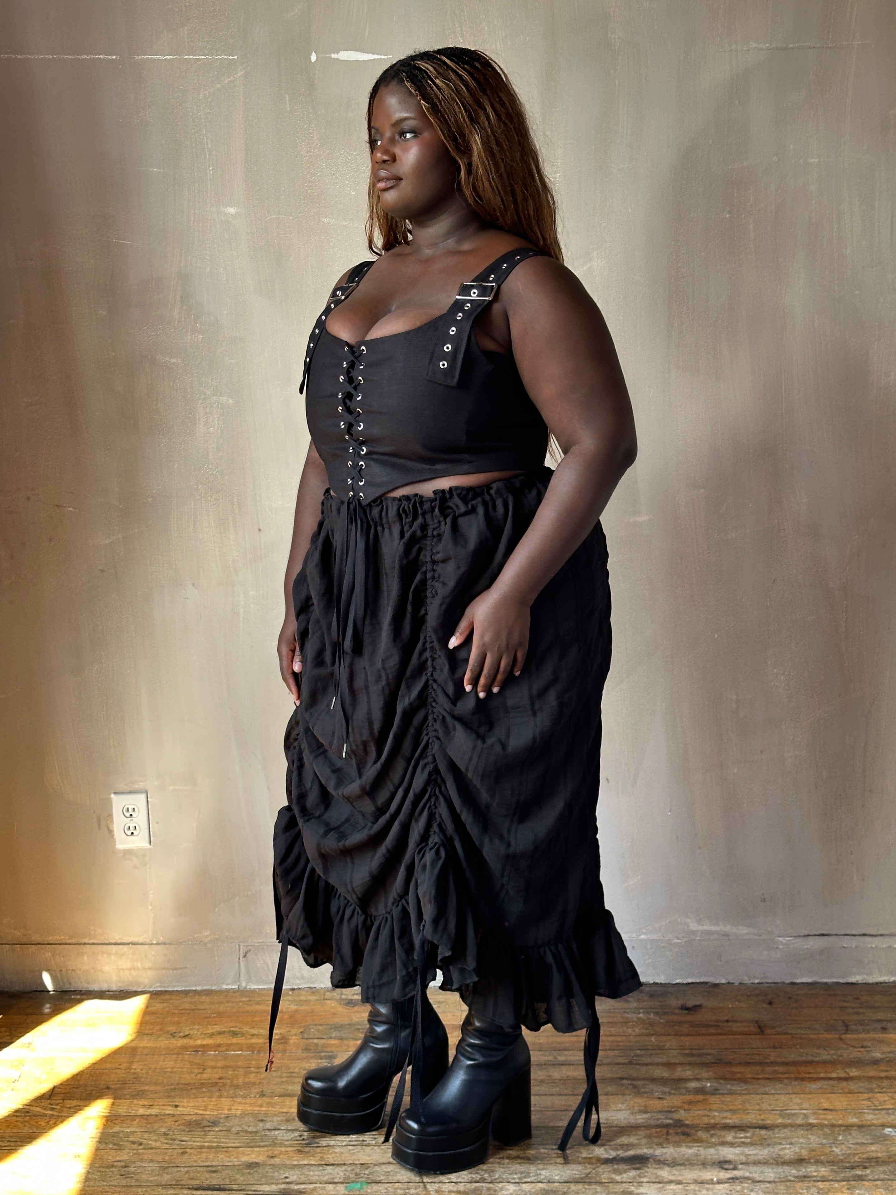 FW25: Drawstring Petticoat Skirt in Black Jacquard Stripe (Pre-Order)