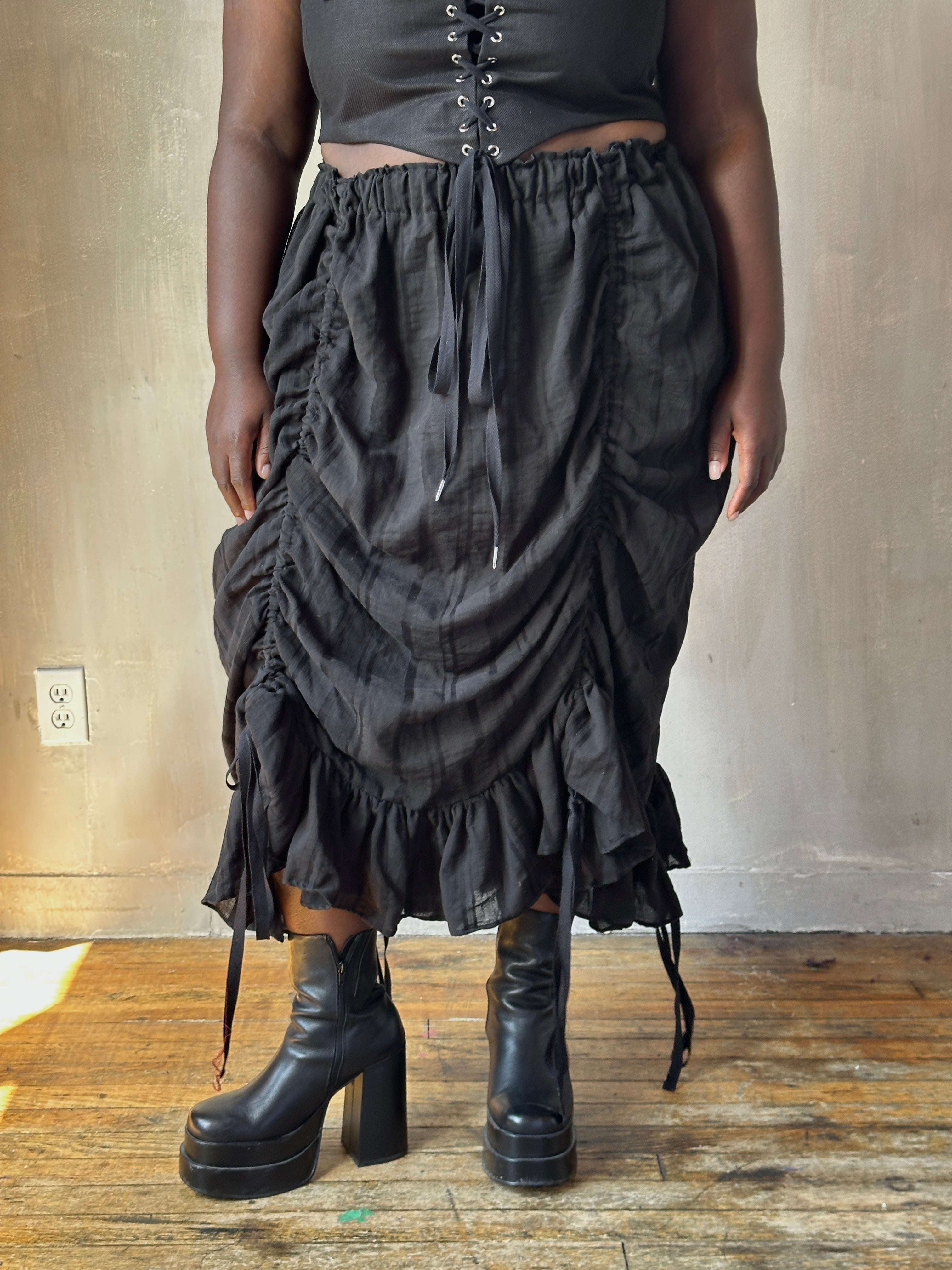 FW25: Drawstring Petticoat Skirt in Black Jacquard Stripe (Pre-Order)