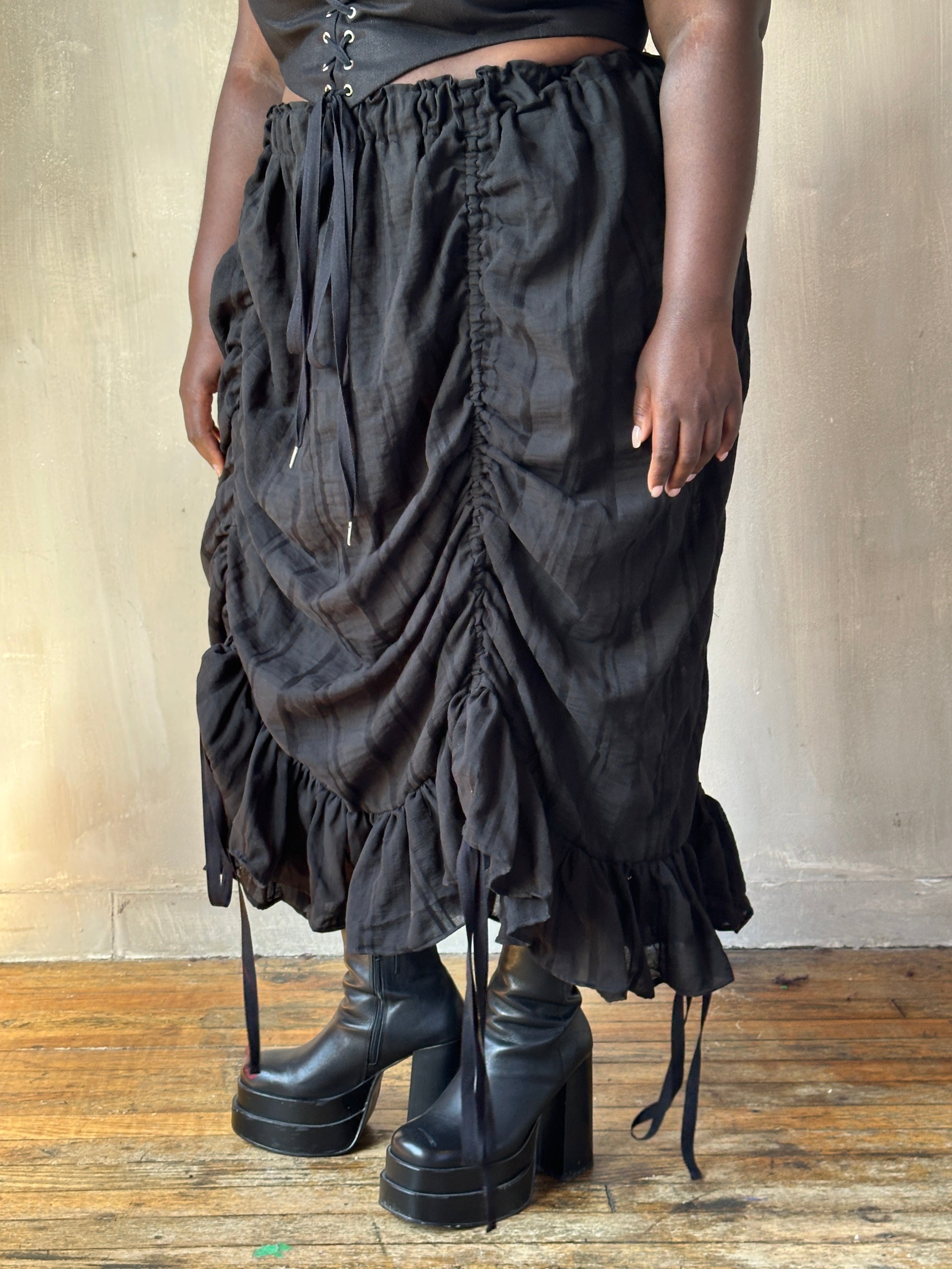 FW25: Drawstring Petticoat Skirt in Black Jacquard Stripe (Pre-Order)