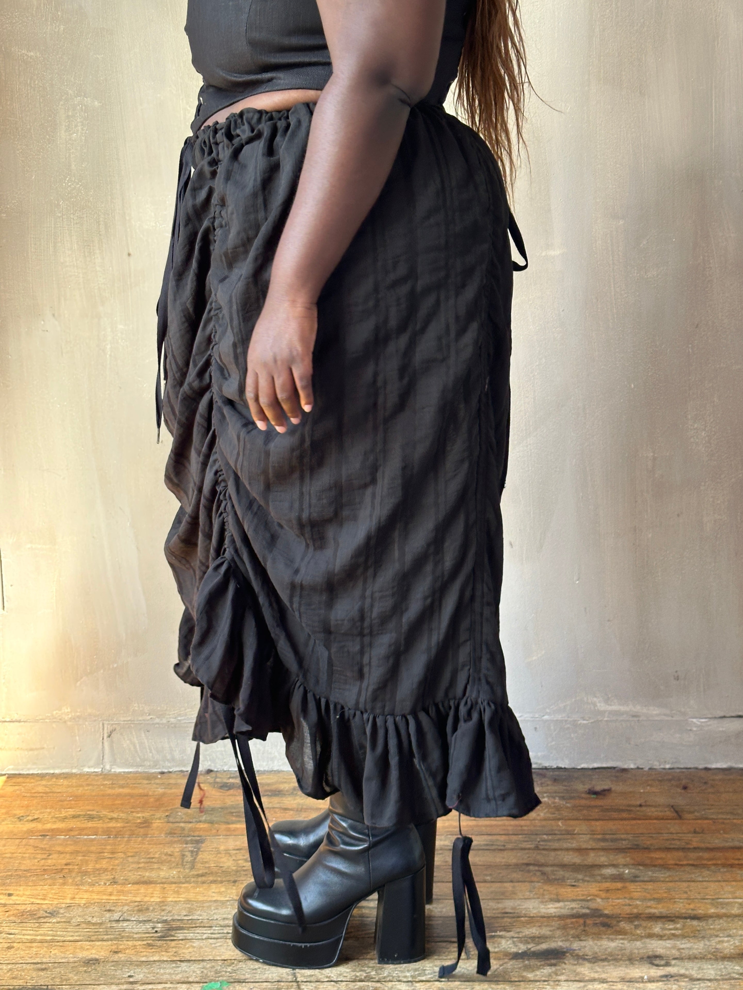 FW25: Drawstring Petticoat Skirt in Black Jacquard Stripe (Pre-Order)