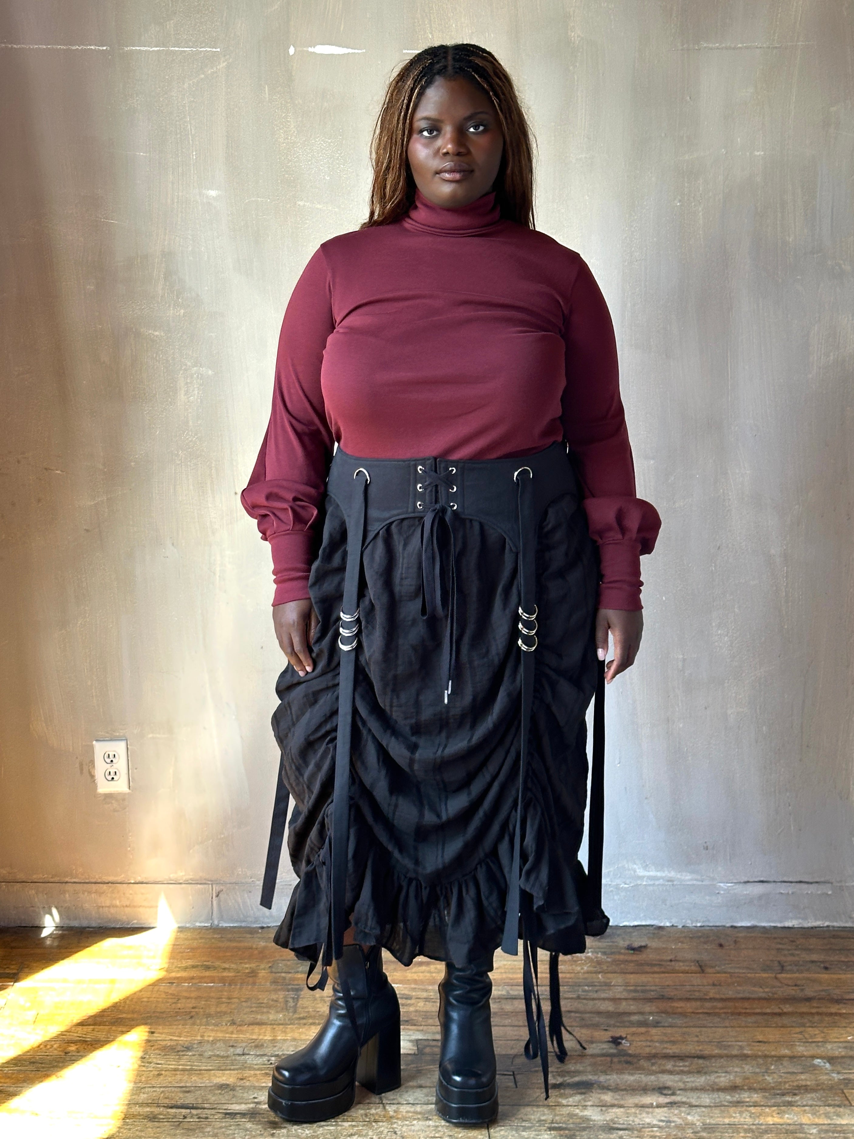 FW25: Drawstring Petticoat Skirt in Black Jacquard Stripe (Pre-Order)