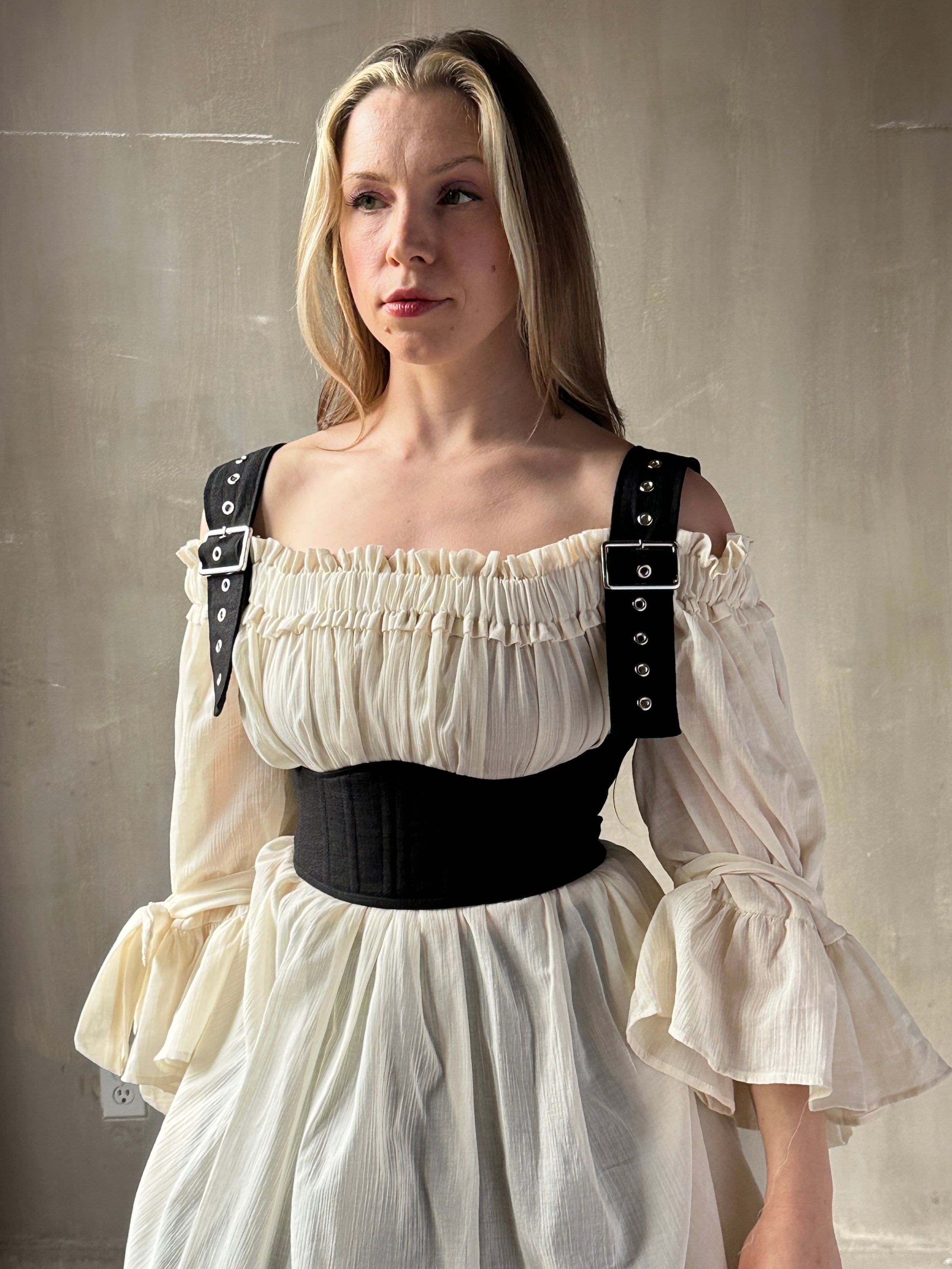 Sample Sale: Underbust Buckle Waspie in Black Linen (Size VI)