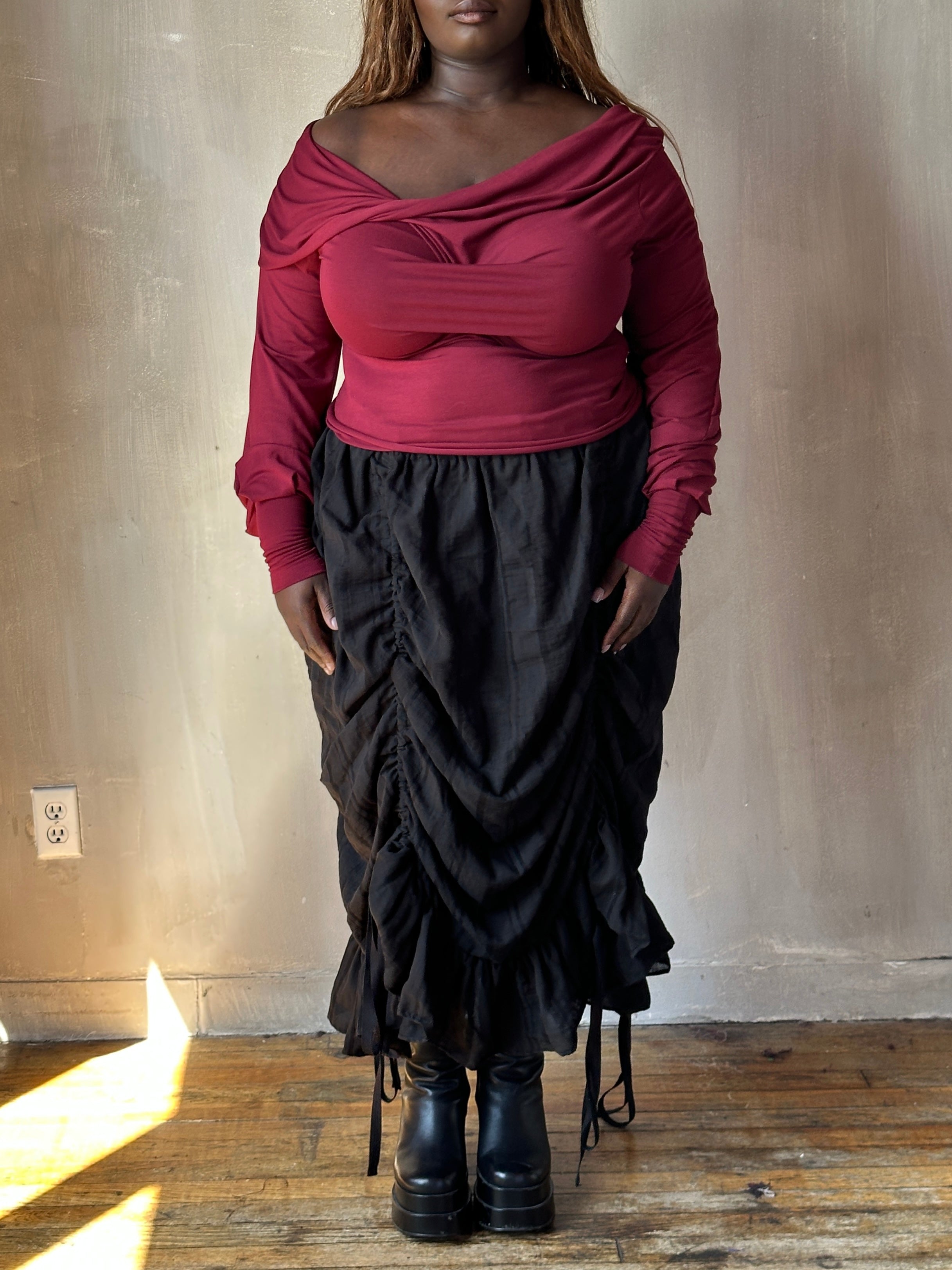 FW25: Drawstring Petticoat Skirt in Black Jacquard Stripe (Pre-Order)