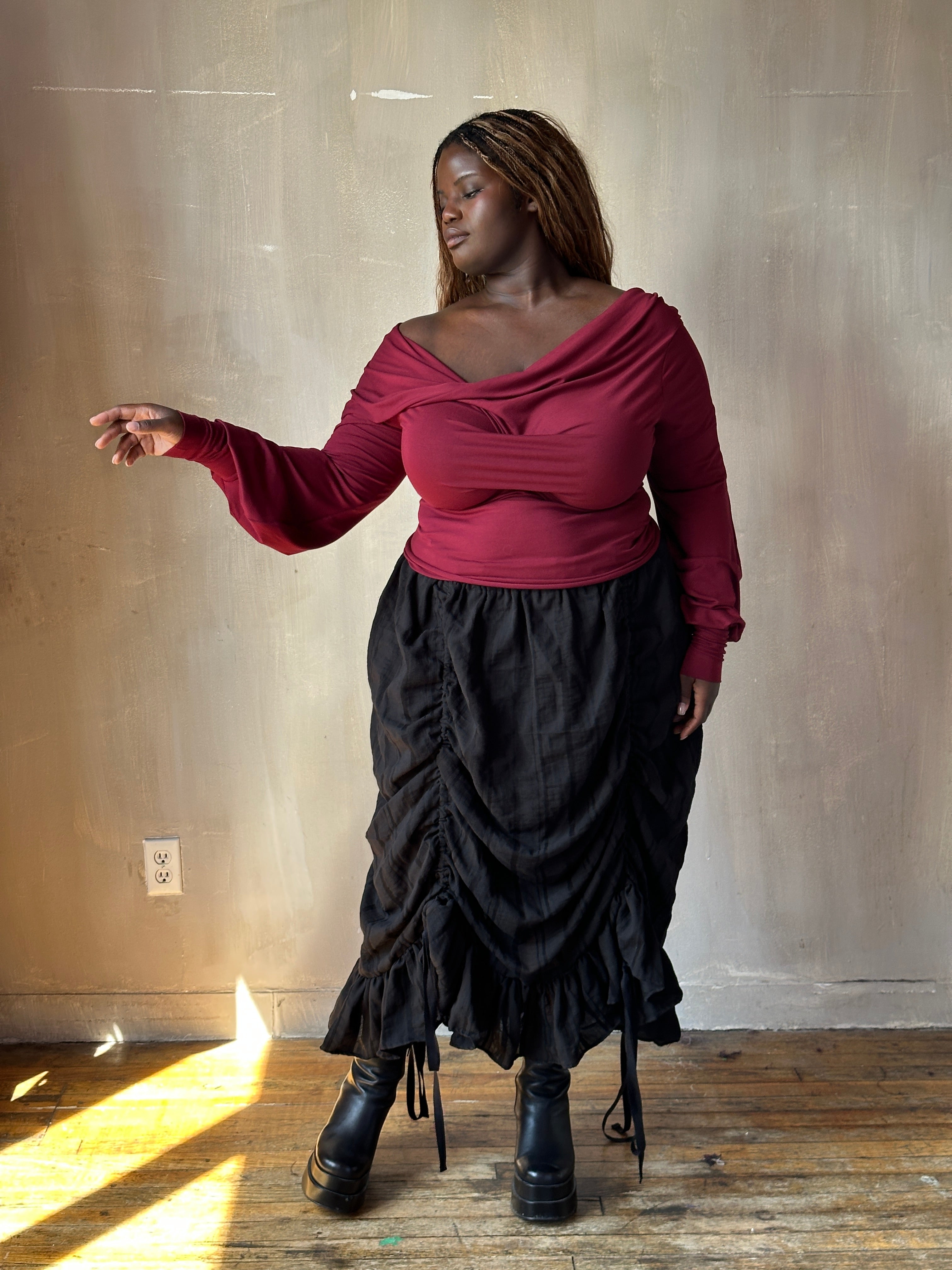 FW25: Drawstring Petticoat Skirt in Black Jacquard Stripe (Pre-Order)