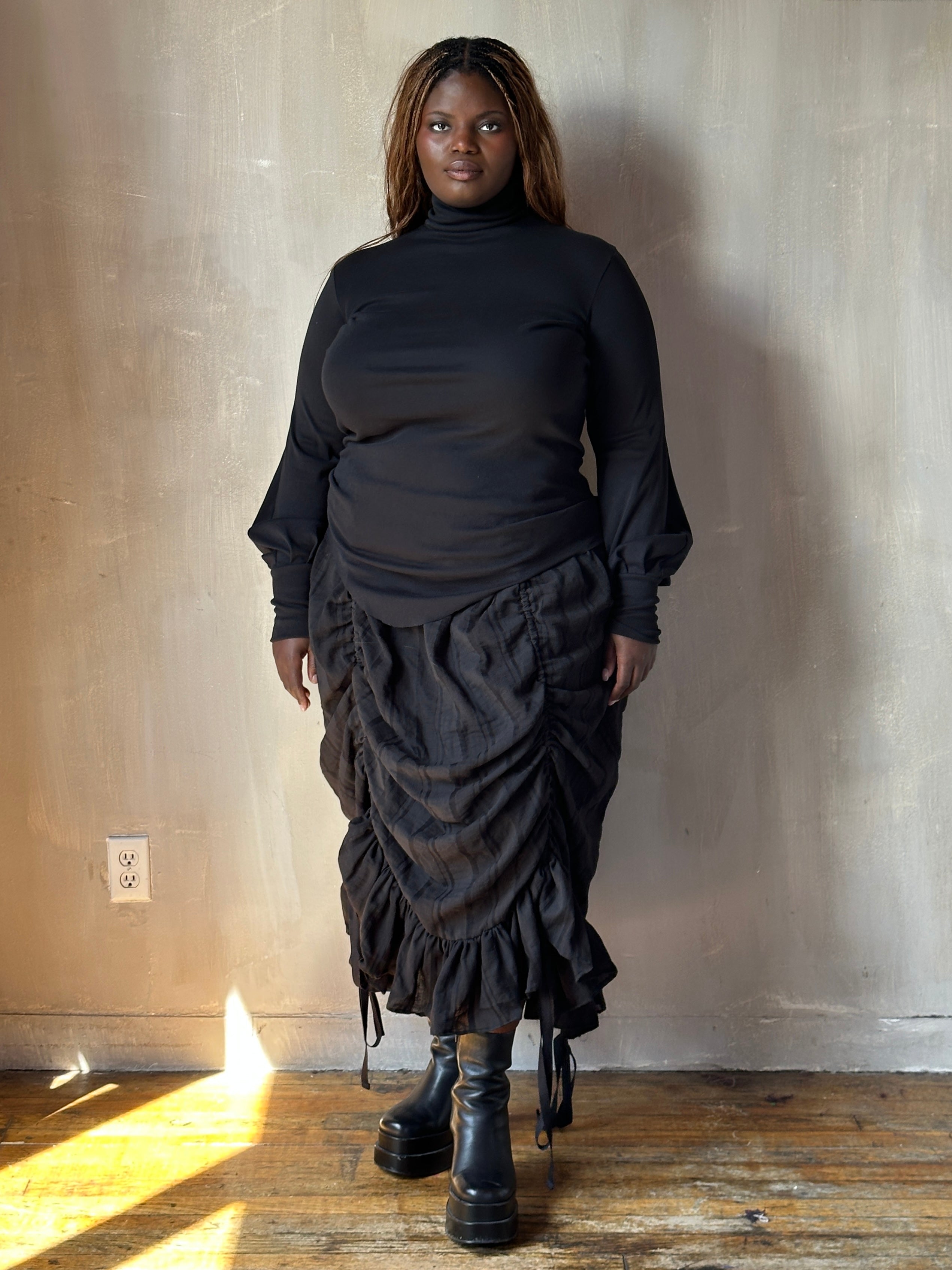 FW25: Drawstring Petticoat Skirt in Black Jacquard Stripe (Pre-Order)