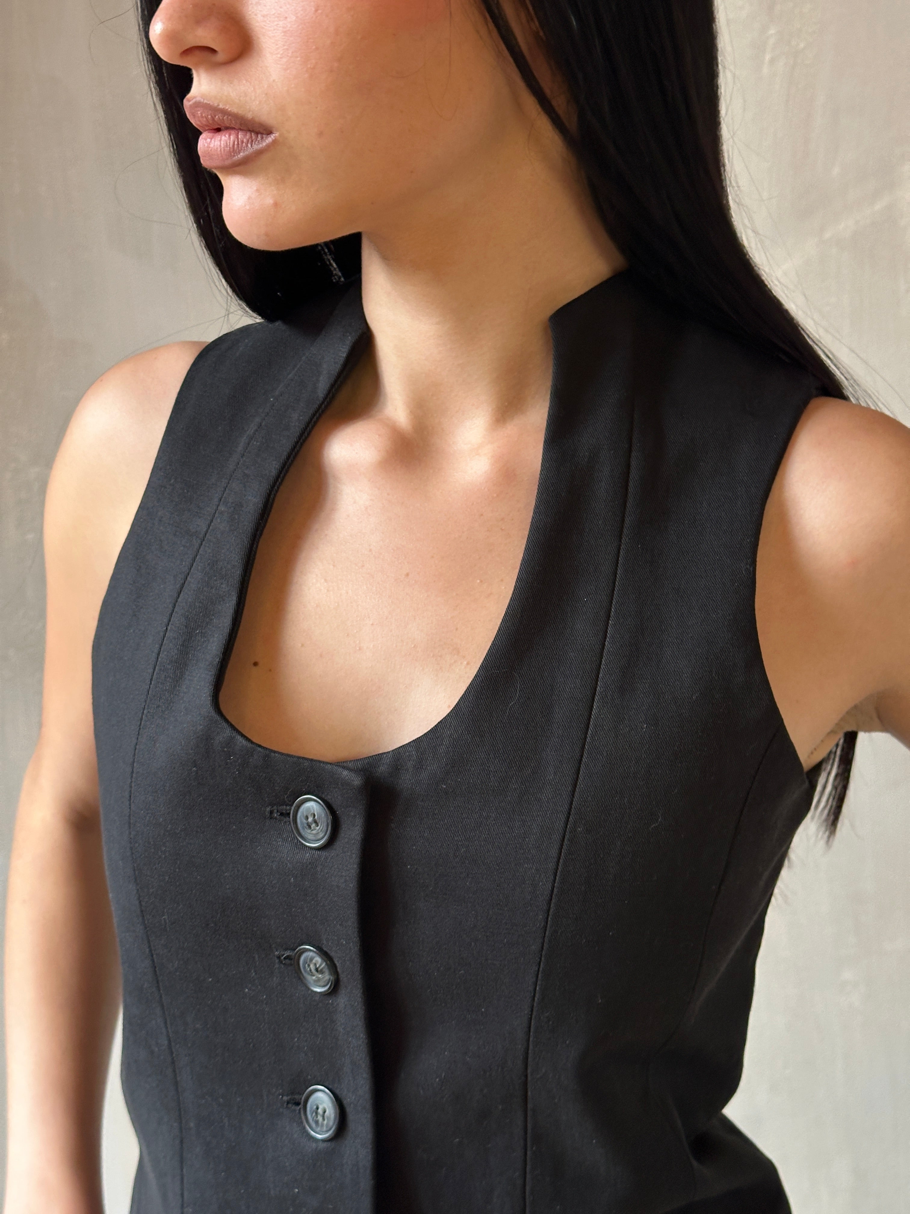 Spring '25: Cutaway Vest with buttons in Black Cotton Twill( Pre-Order)