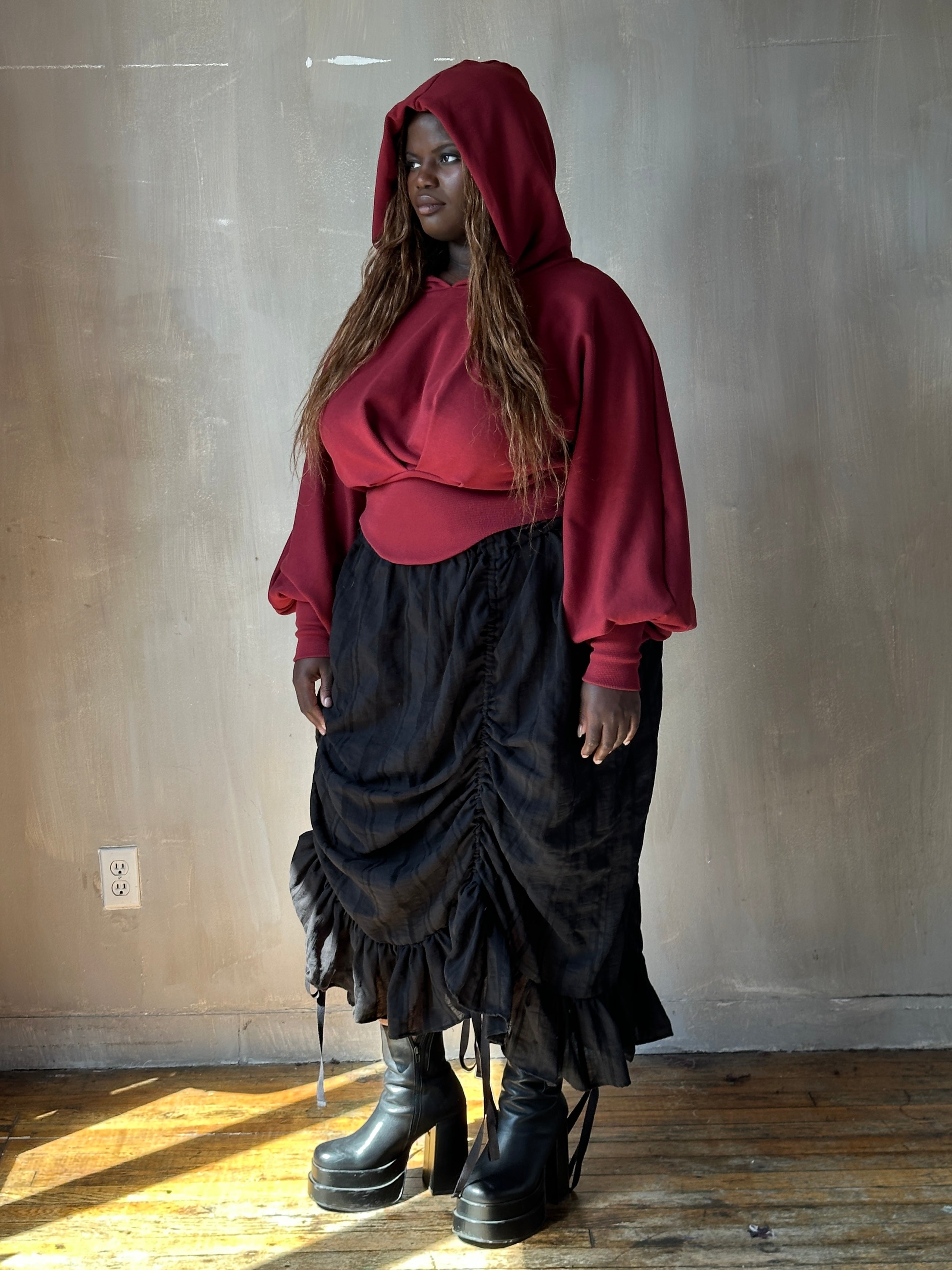 FW25: Corset Waist Hoodie in Oxblood Organic Fleece (Pre-Order)