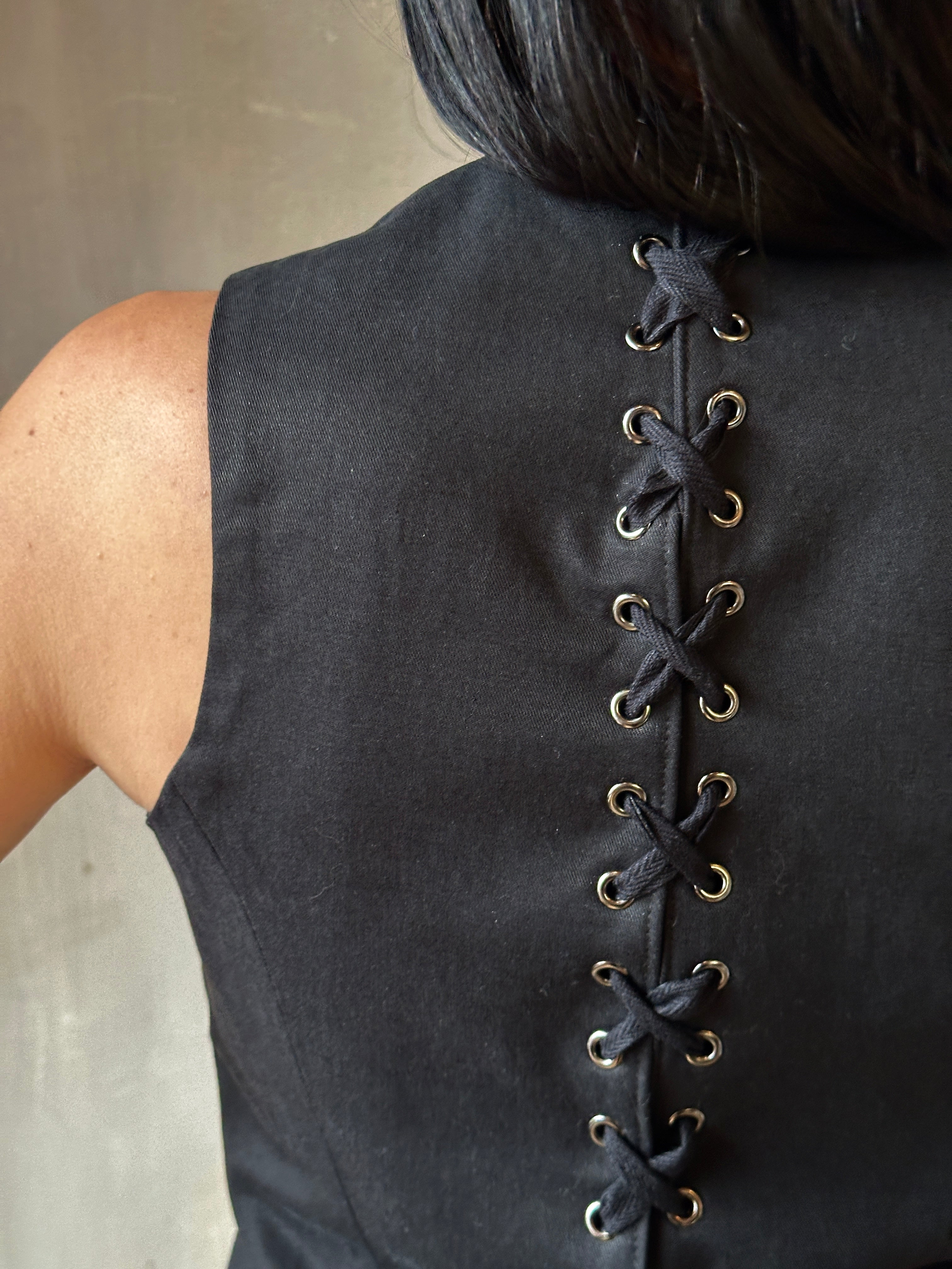 Spring '25: Cutaway Vest with buttons in Black Cotton Twill( Pre-Order)