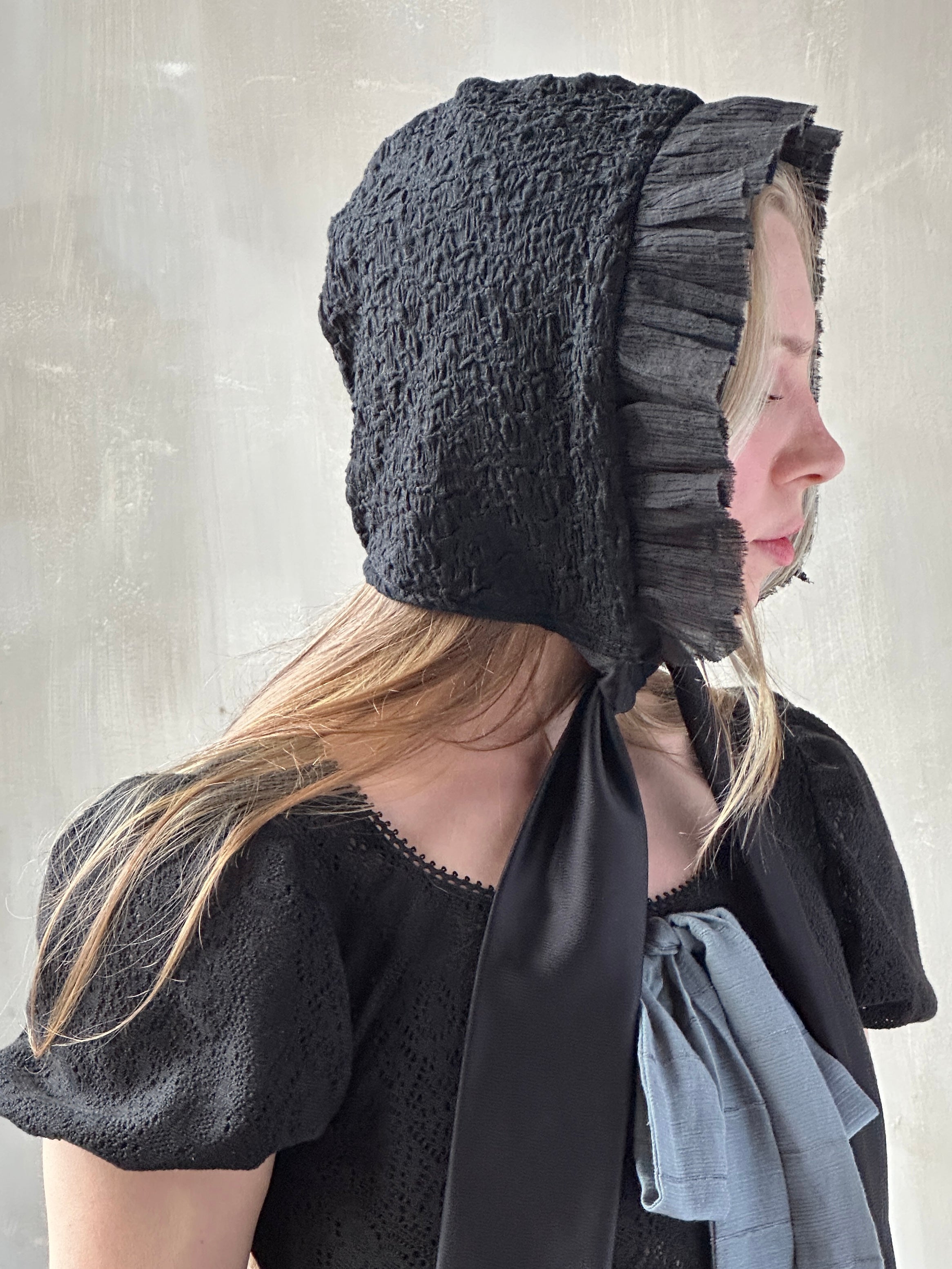 Spring '26: Bonnet with Silk Ties in Black Crinkle Cotton Knit (In Stock)