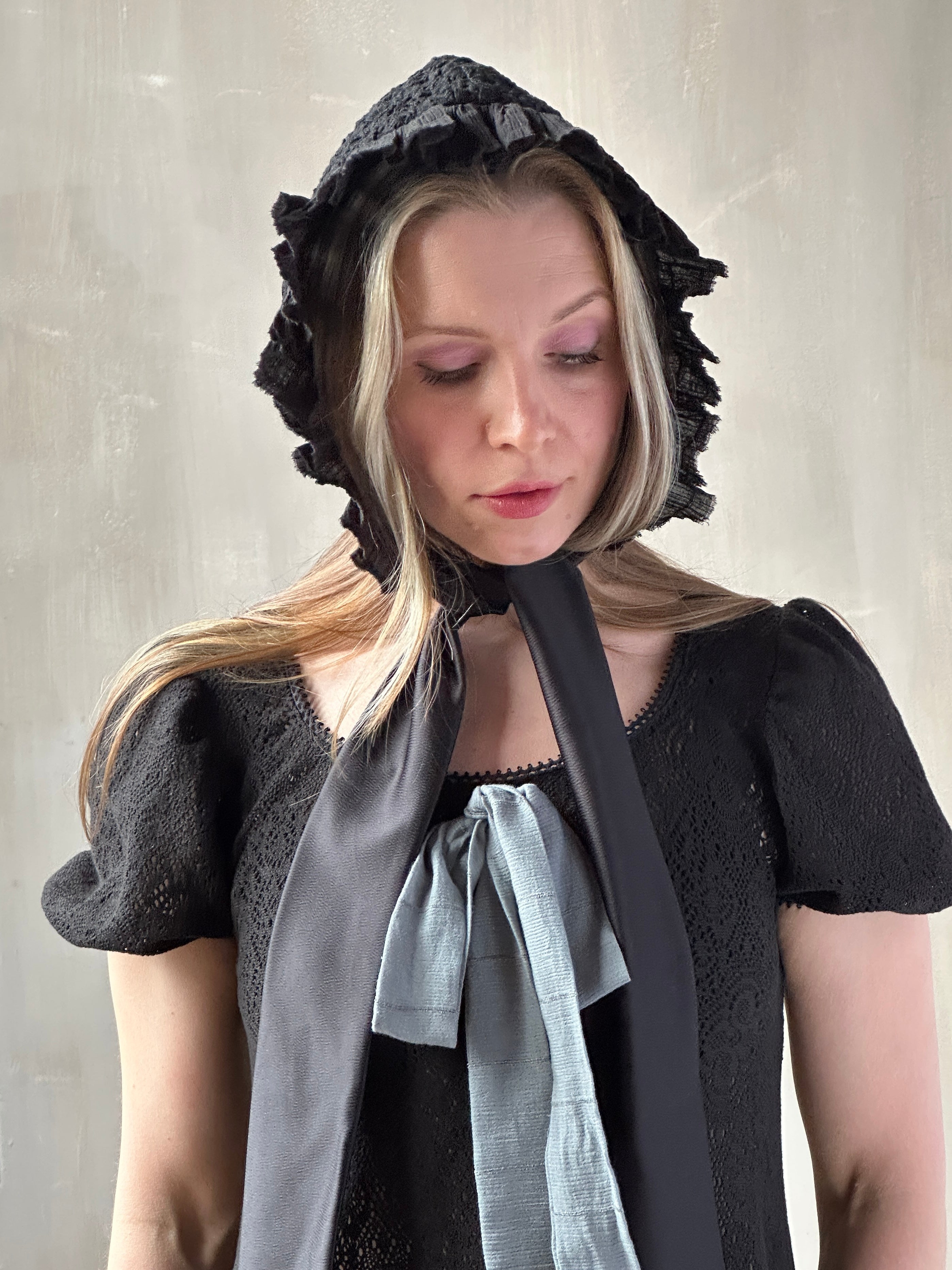 Spring '26: Bonnet with Silk Ties in Black Crinkle Cotton Knit (In Stock)