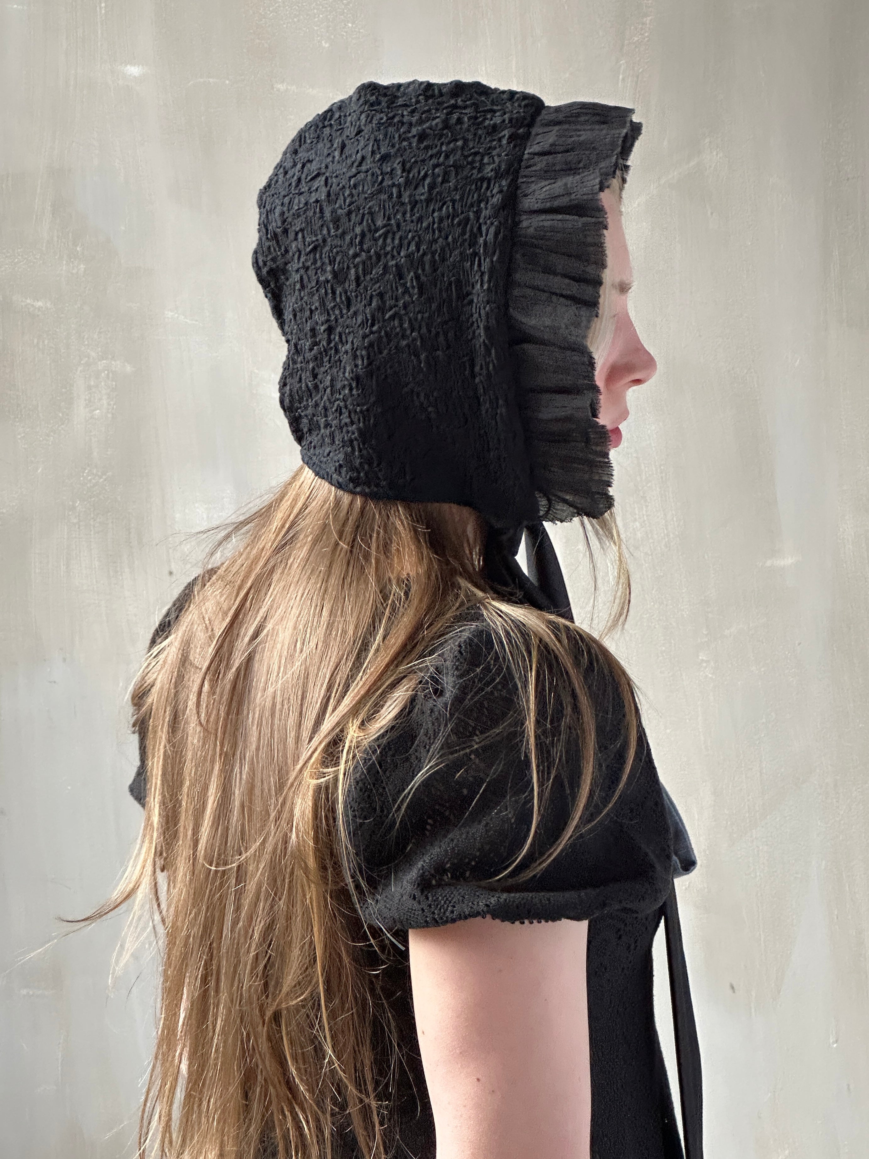 Spring '26: Bonnet with Silk Ties in Black Crinkle Cotton Knit (In Stock)