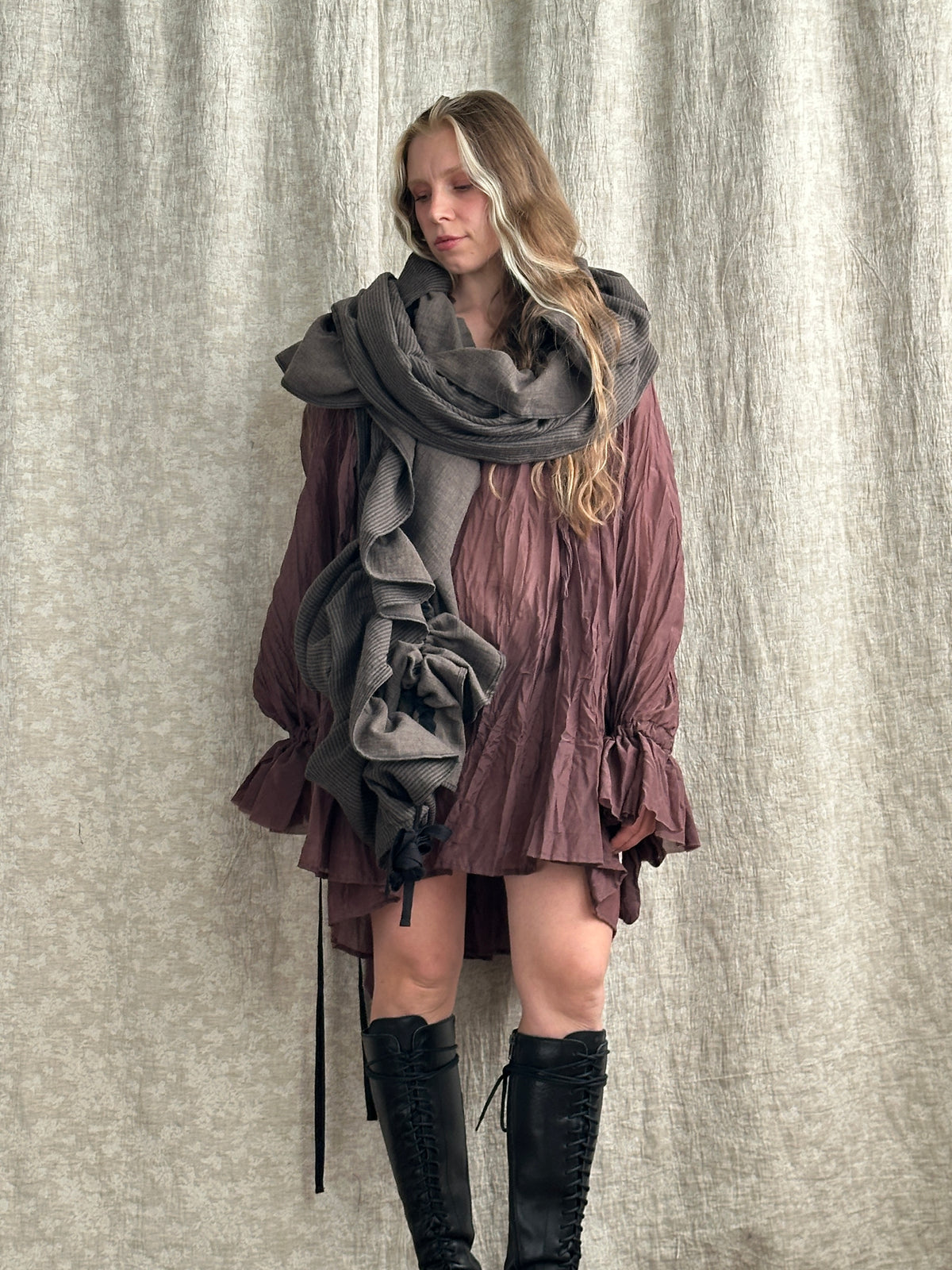 FW '26: Drawstring Scarf in Cotton Dark Stripe (Pre-Order)