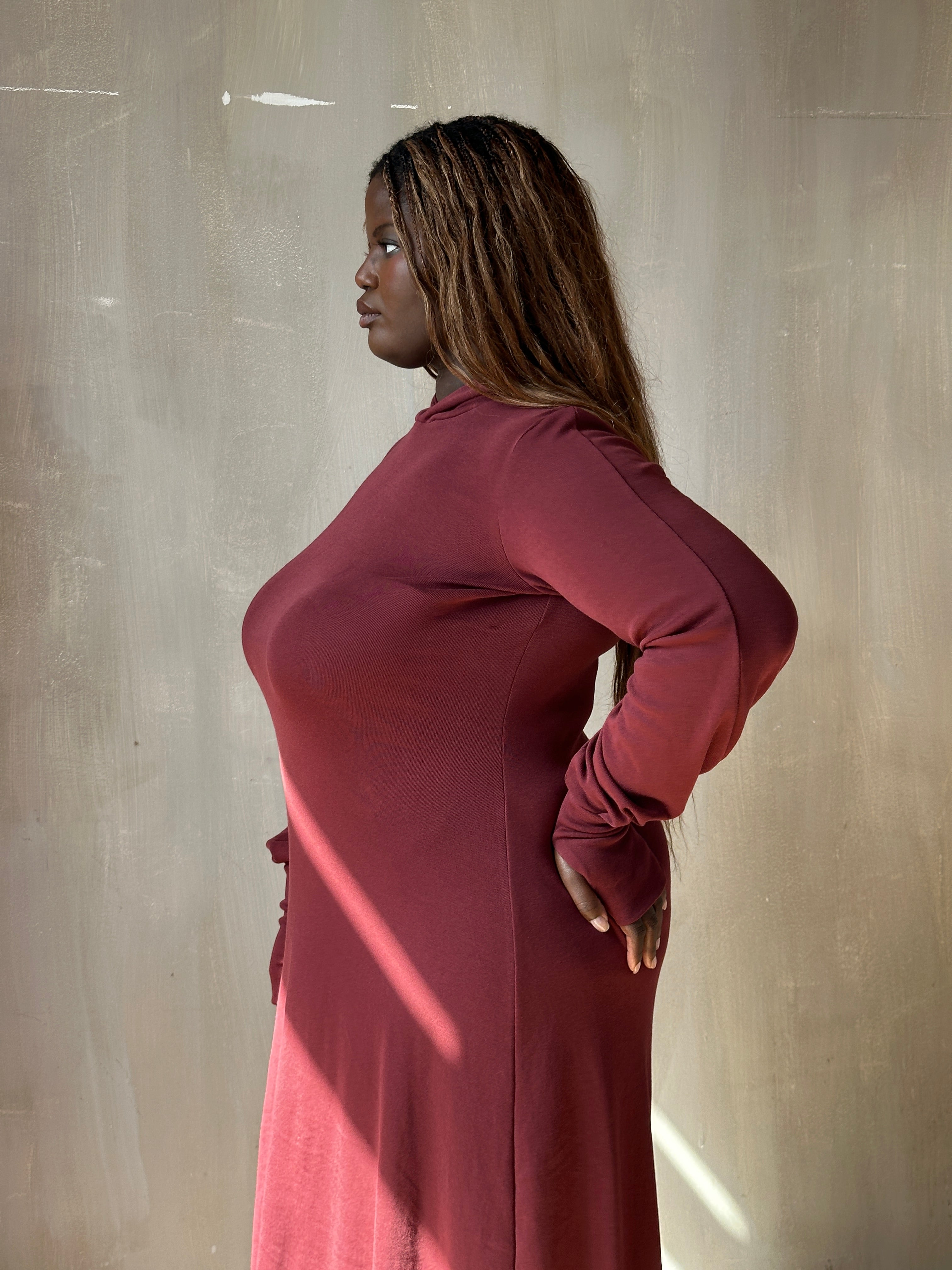 FW25: "Temple" Maxi Dress w/Hood in Plum Wine (Pre-Order)