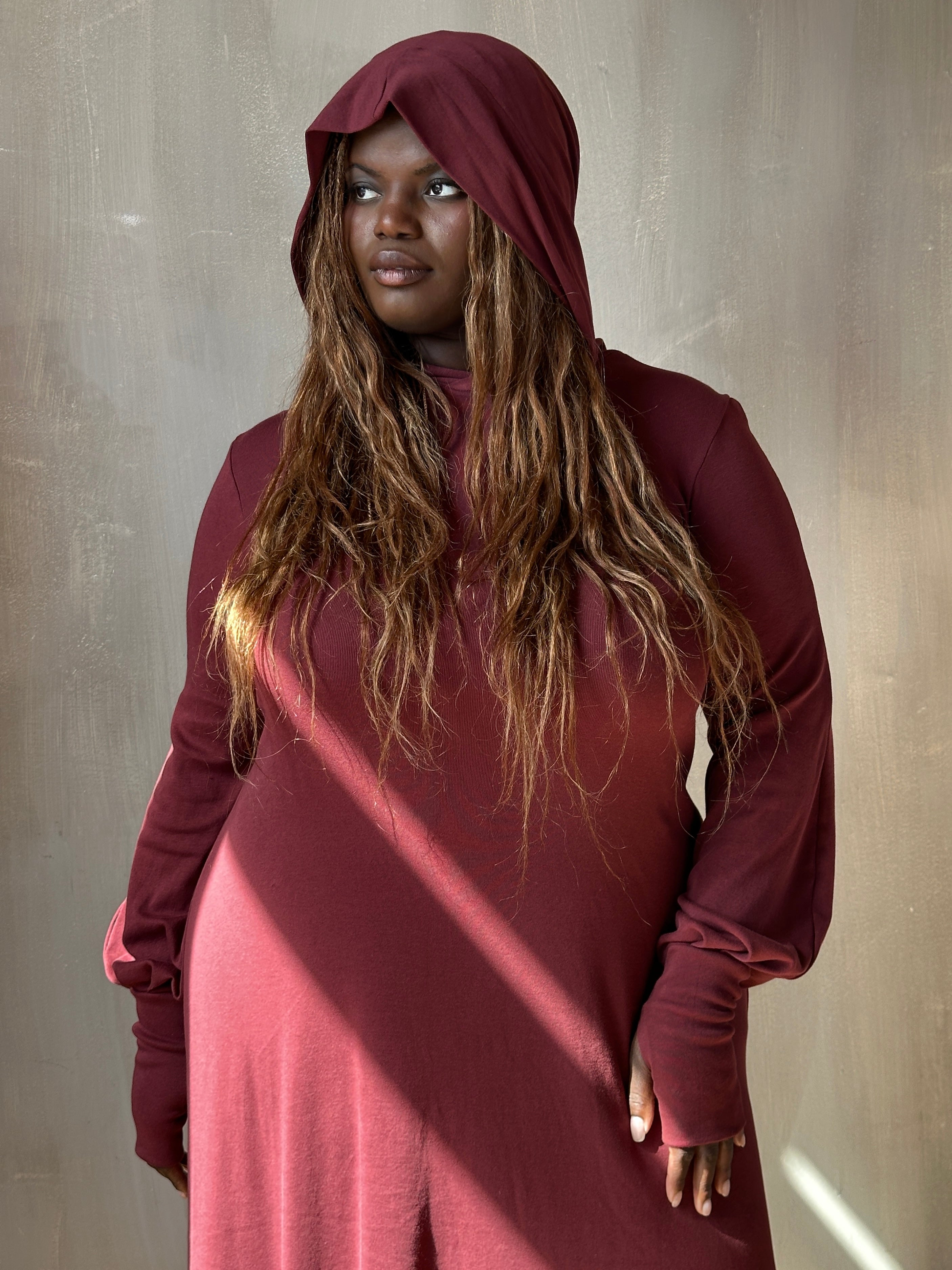 FW25: "Temple" Maxi Dress w/Hood in Plum Wine (Pre-Order)