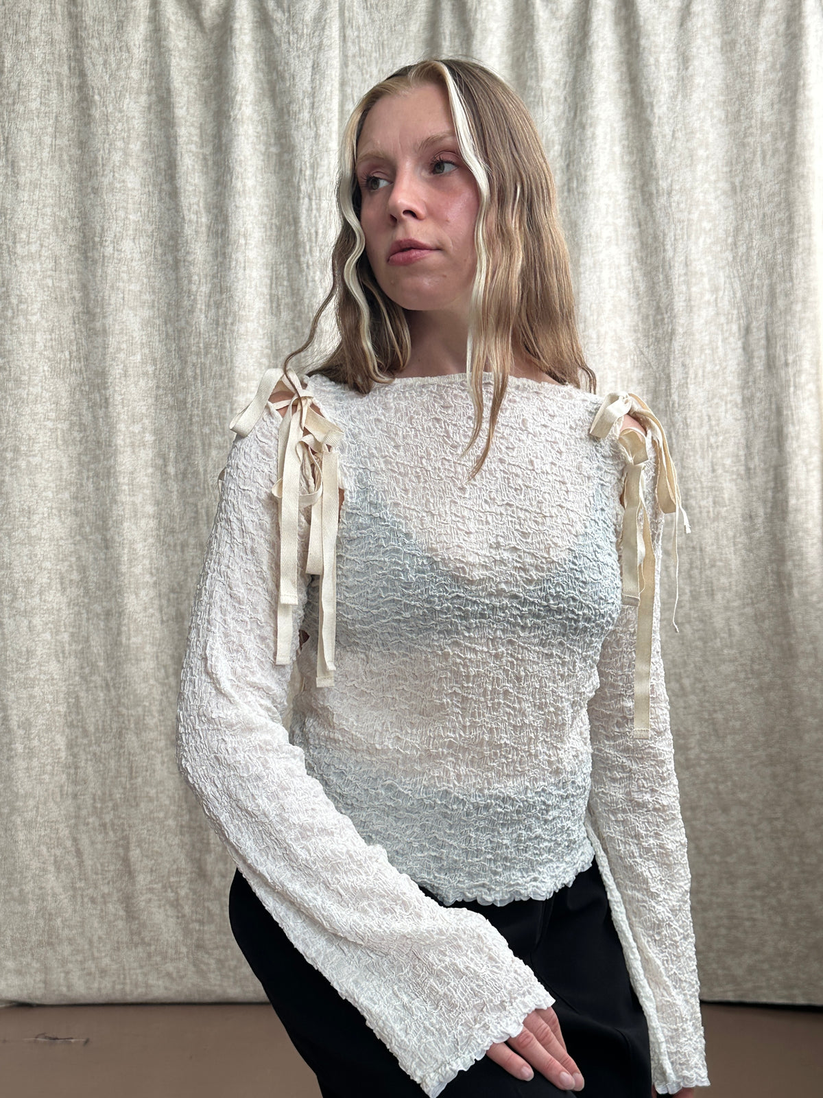 FW'26: Detached Long Sleeve Top in Textured Ivory Cotton (Pre-Order)