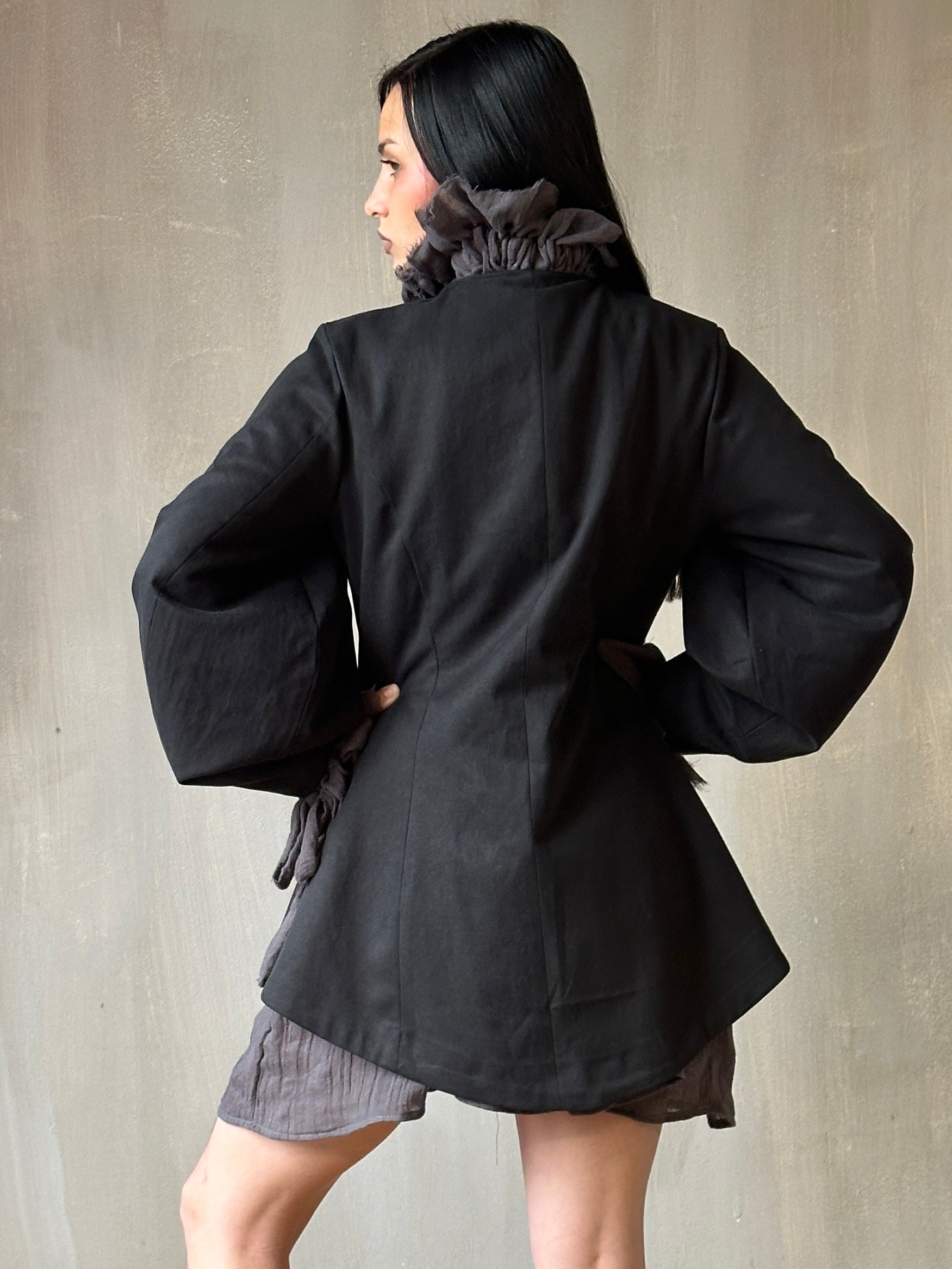 Spring '25: Tails Button Jacket with Lantern Sleeve in Black Cotton Twill (Pre-Order)