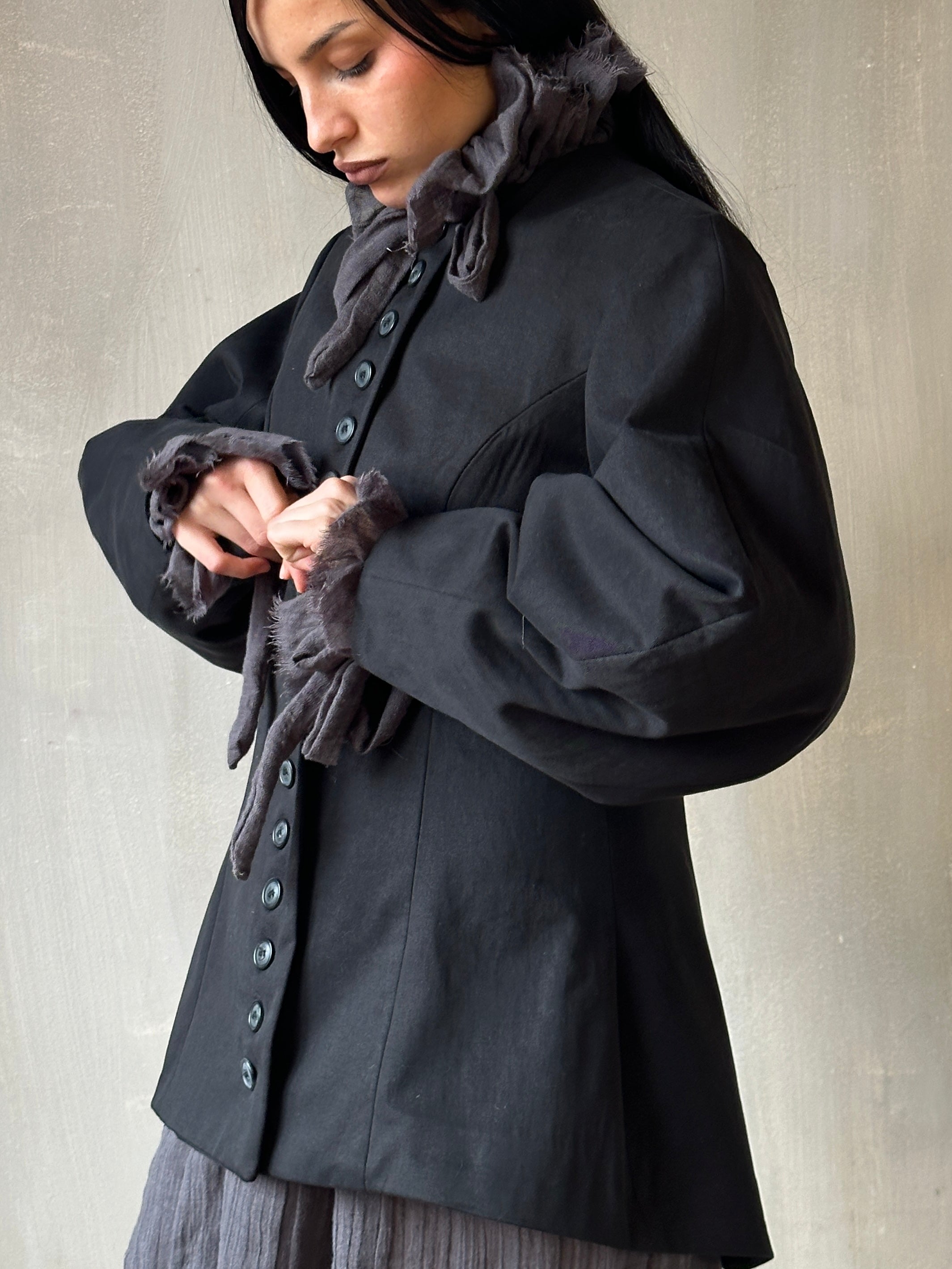 Spring '25: Tails Button Jacket with Lantern Sleeve in Black Cotton Twill (Pre-Order)