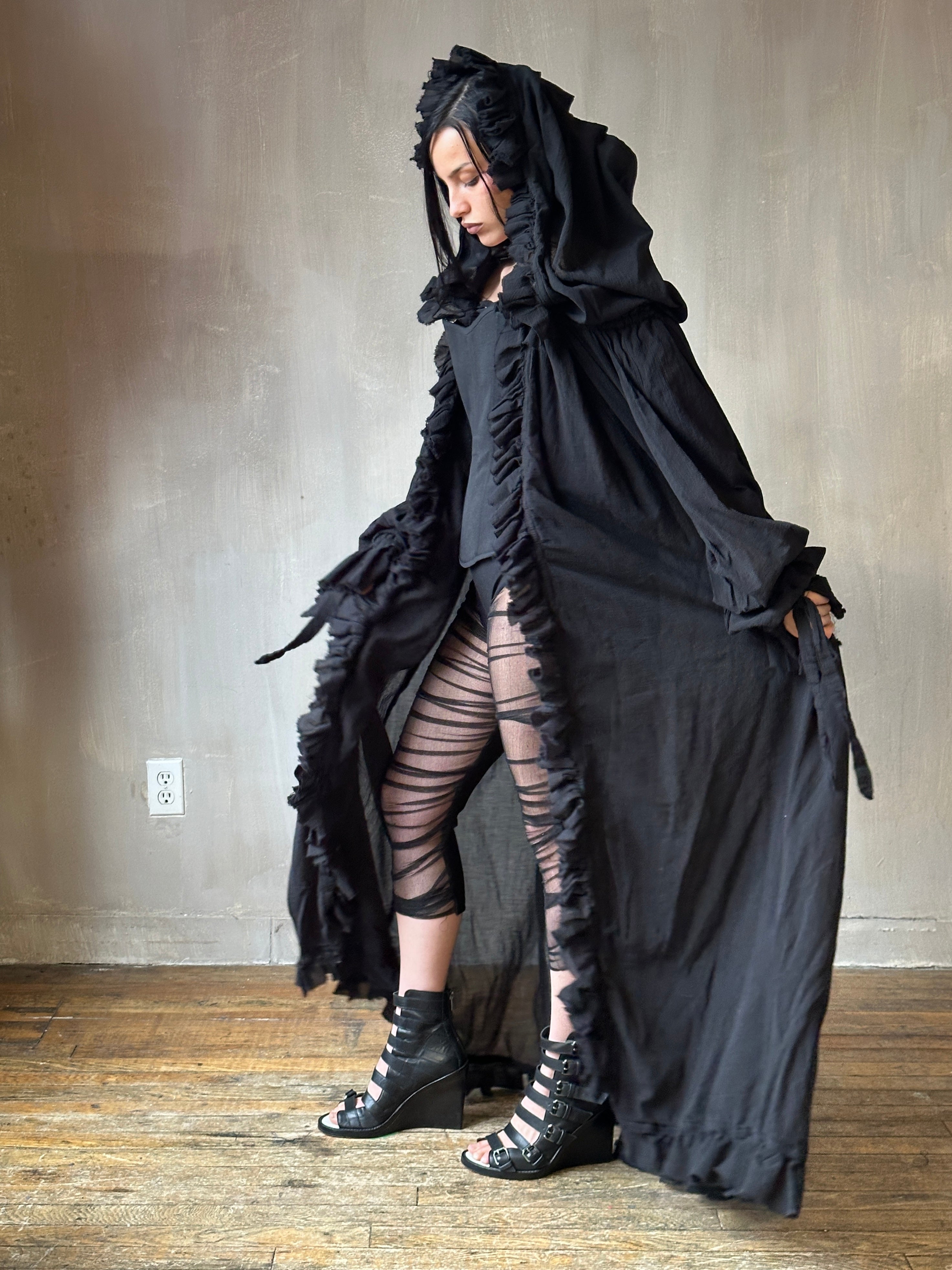 Spring '25: Hooded “Peignoir” Alchemist Jacket w/Ruffle in Black Cotton (Pre-Order)